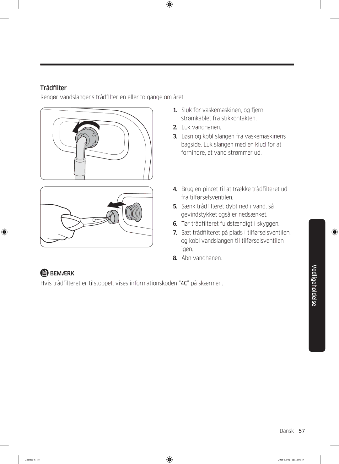 Samsung WD10N84INOA/EE manual Trådfilter 