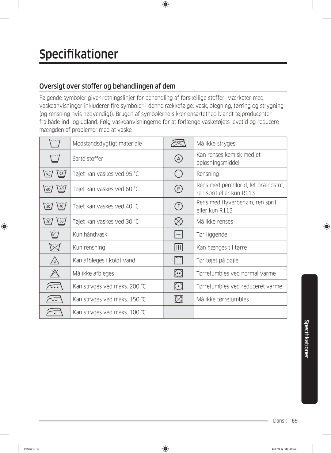 Samsung WD10N84INOA/EE manual Specifikationer, Oversigt over stoffer og behandlingen af dem 