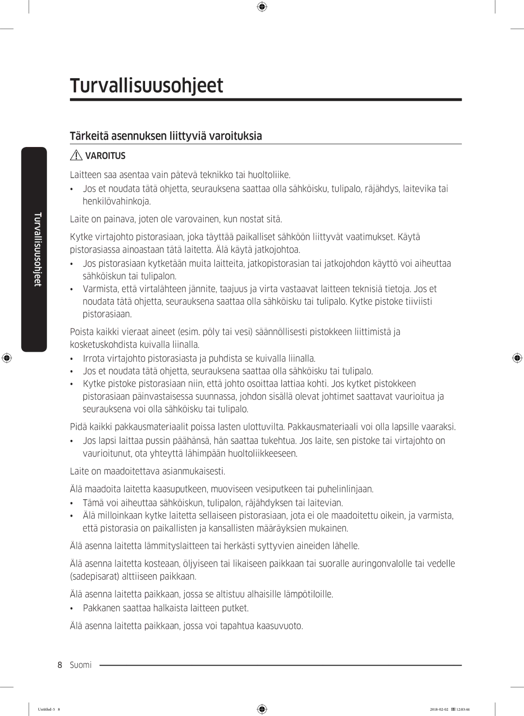 Samsung WD10N84INOA/EE manual Tärkeitä asennuksen liittyviä varoituksia, Varoitus 