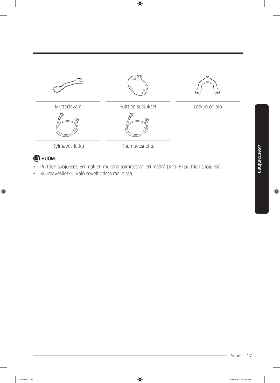 Samsung WD10N84INOA/EE manual Asentaminen 