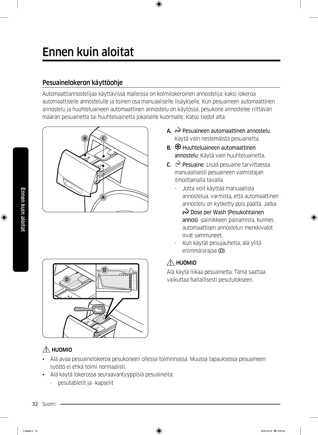 Samsung WD10N84INOA/EE manual Pesuainelokeron käyttöohje 