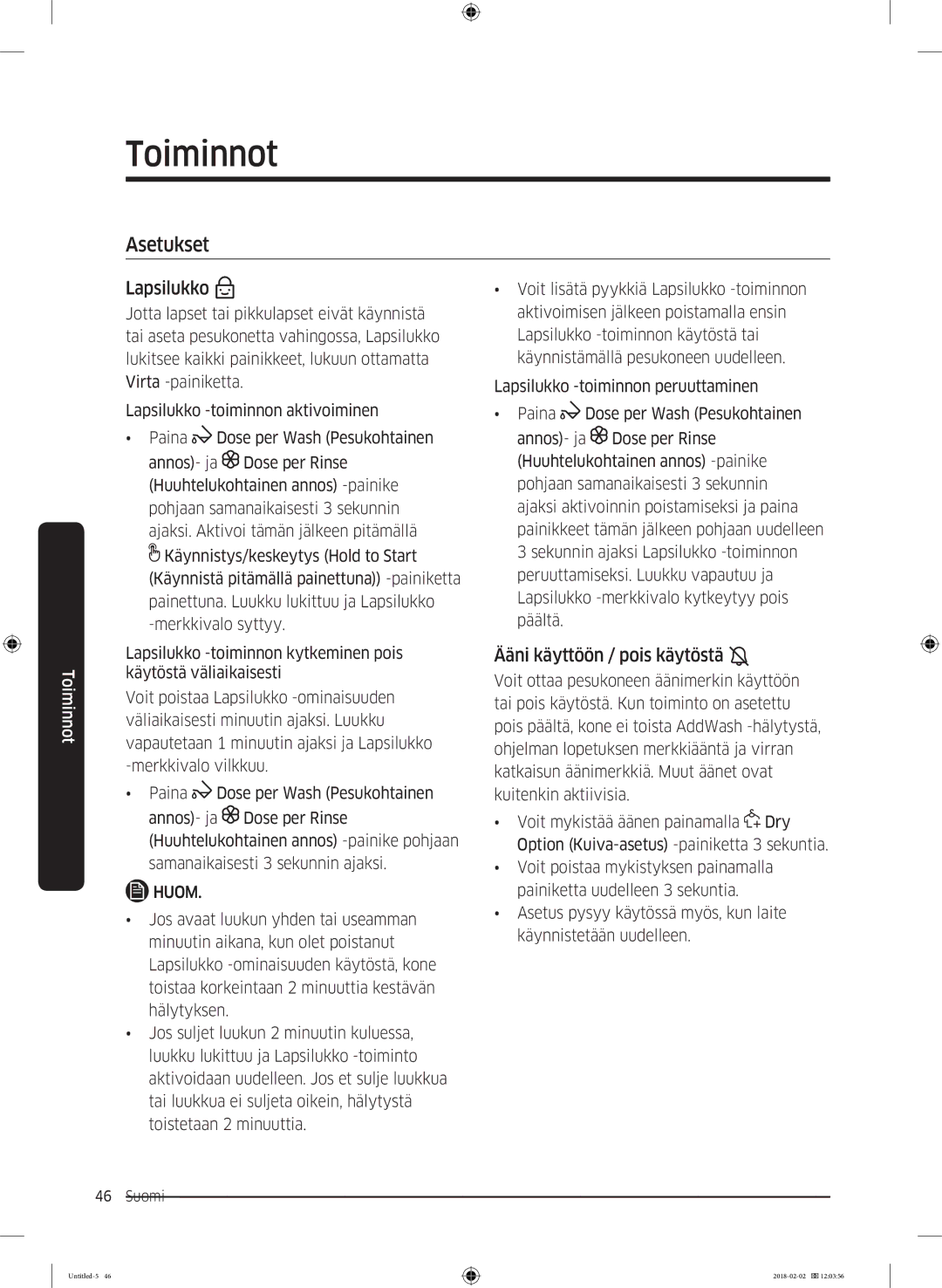 Samsung WD10N84INOA/EE manual Asetukset, Lapsilukko, Ääni käyttöön / pois käytöstä 