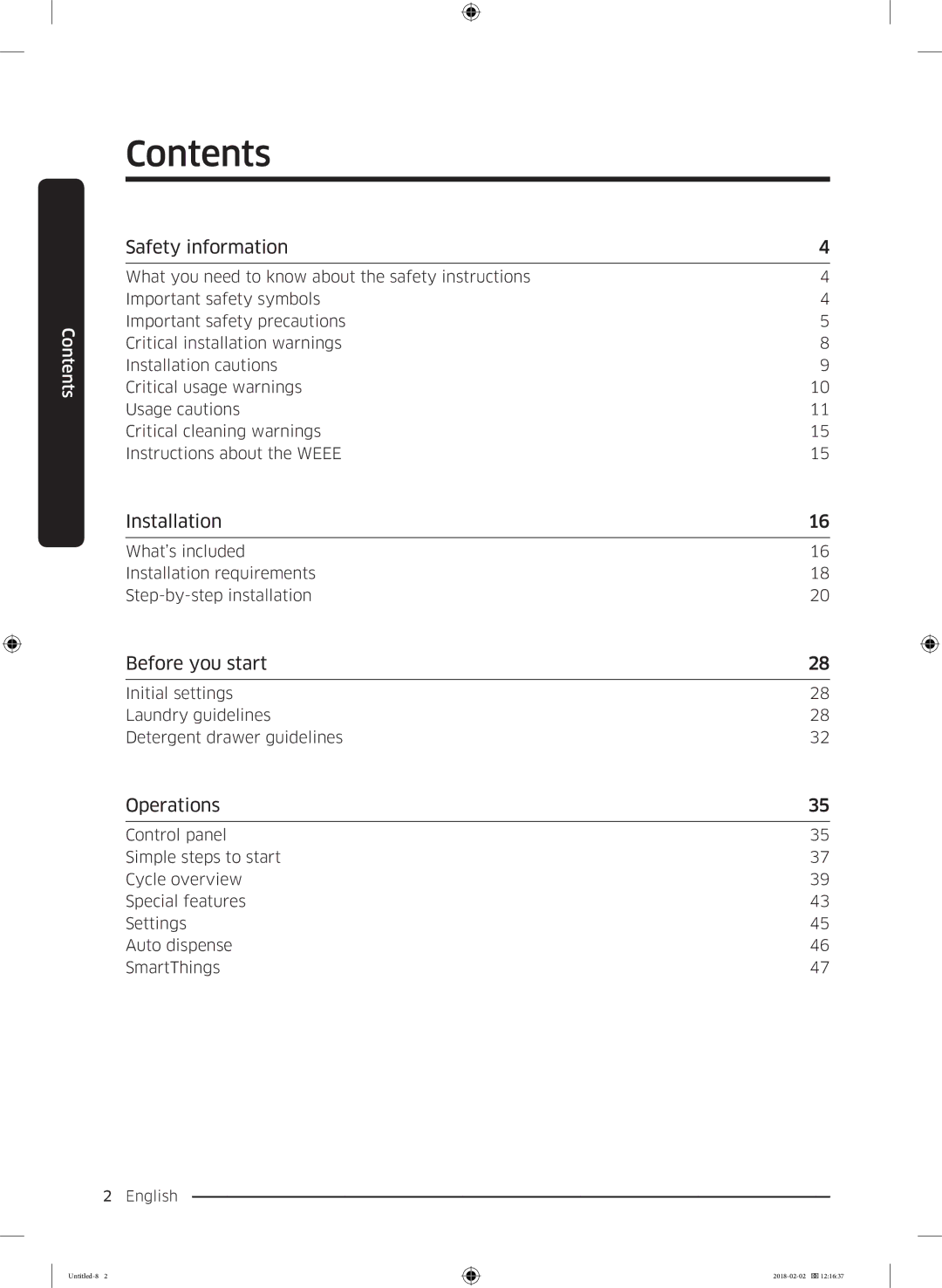 Samsung WD10N84INOA/EE manual Contents 