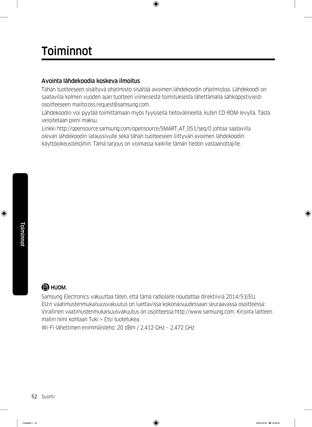 Samsung WD10N84INOA/EE manual Avointa lähdekoodia koskeva ilmoitus, Huom 