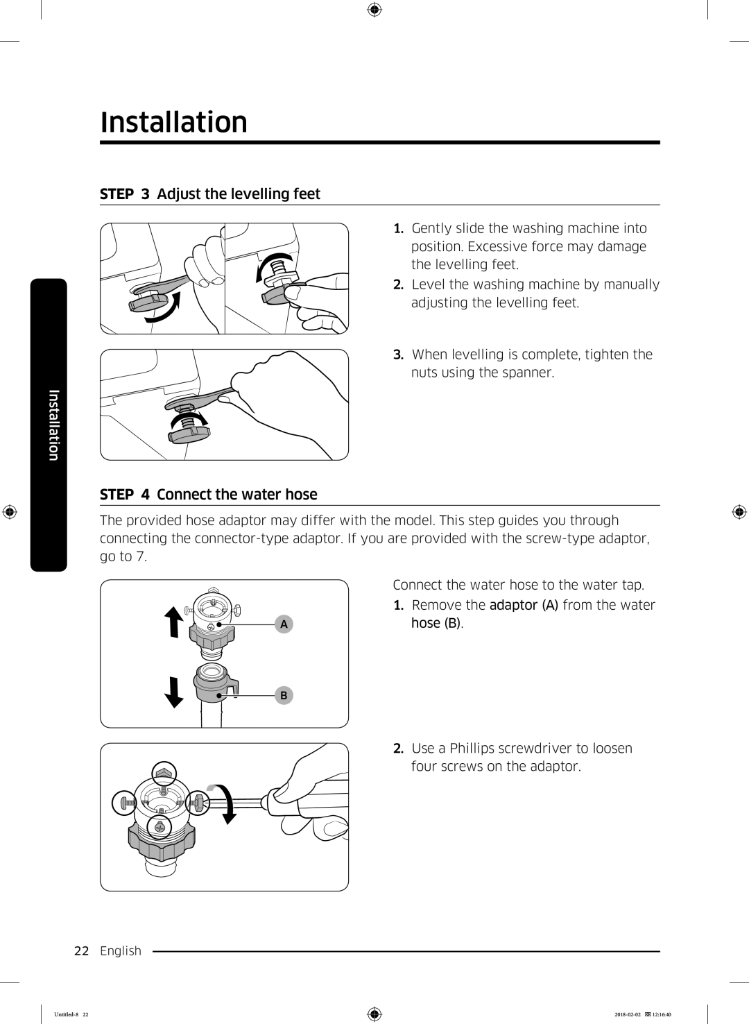 Samsung WD10N84INOA/EE manual Adjust the levelling feet, Connect the water hose 