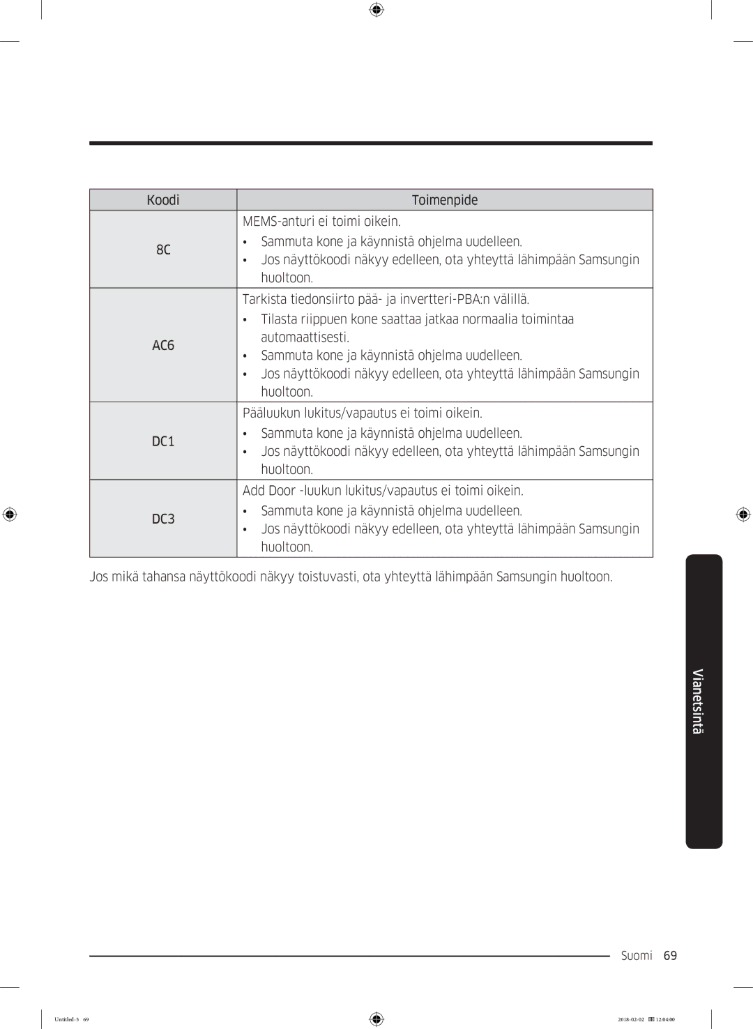 Samsung WD10N84INOA/EE manual Automaattisesti 