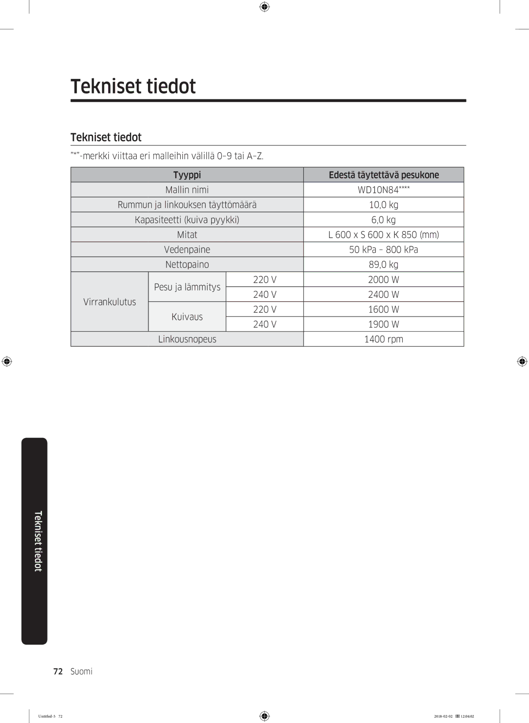 Samsung WD10N84INOA/EE manual Tekniset tiedot 