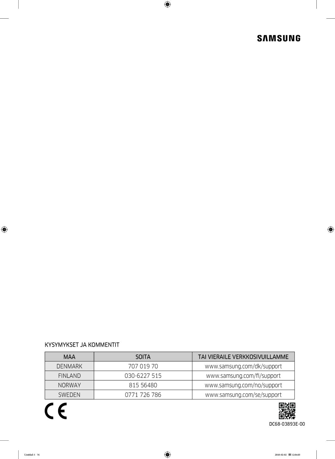 Samsung WD10N84INOA/EE manual Kysymykset JA Kommentit MAA Soita 