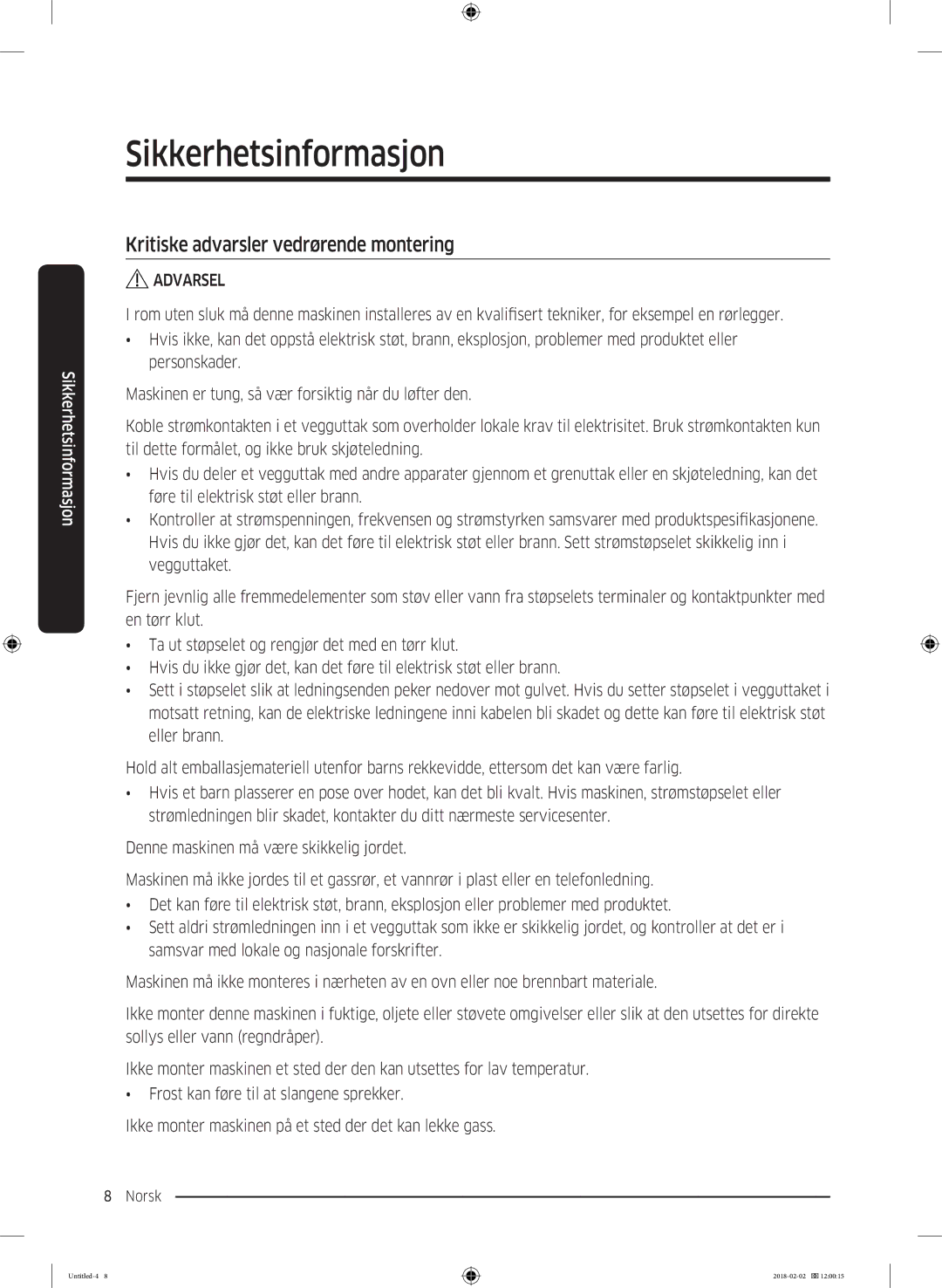 Samsung WD10N84INOA/EE manual Kritiske advarsler vedrørende montering 