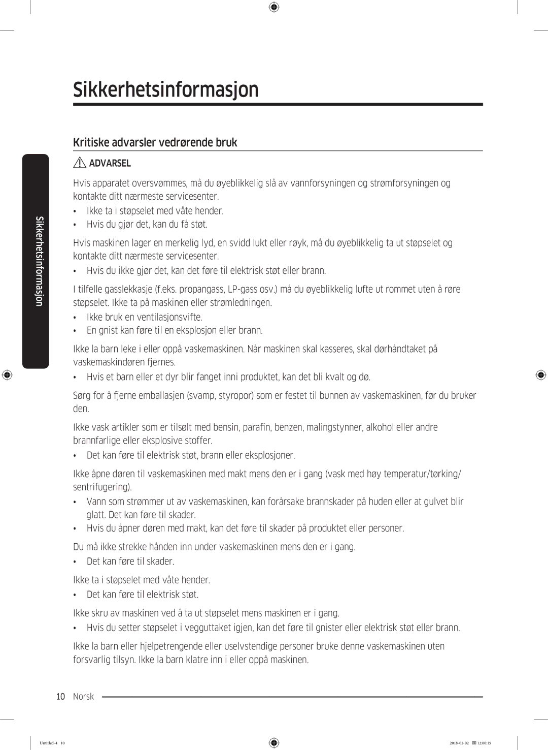 Samsung WD10N84INOA/EE manual Kritiske advarsler vedrørende bruk 