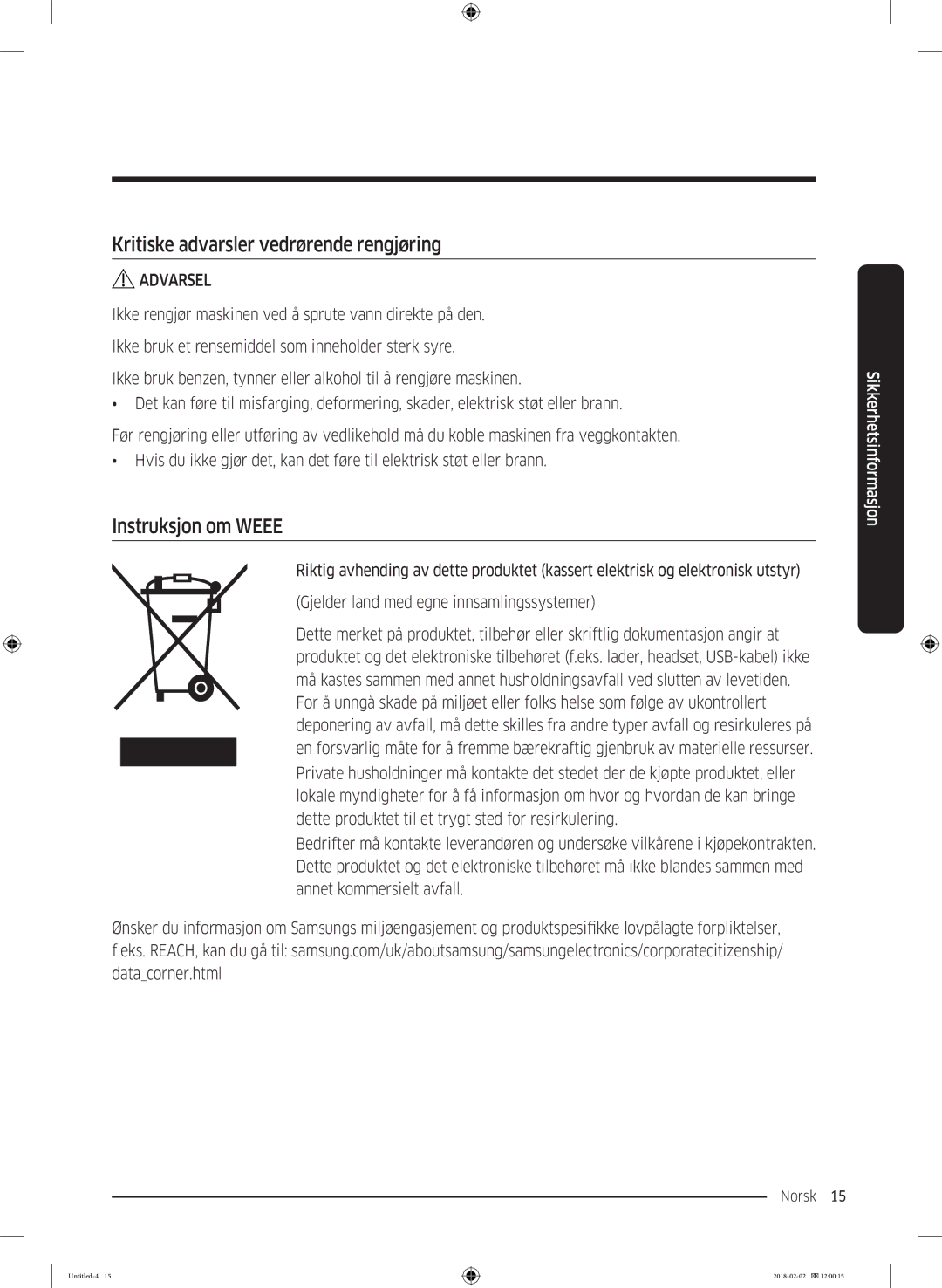 Samsung WD10N84INOA/EE manual Kritiske advarsler vedrørende rengjøring, Instruksjon om Weee 