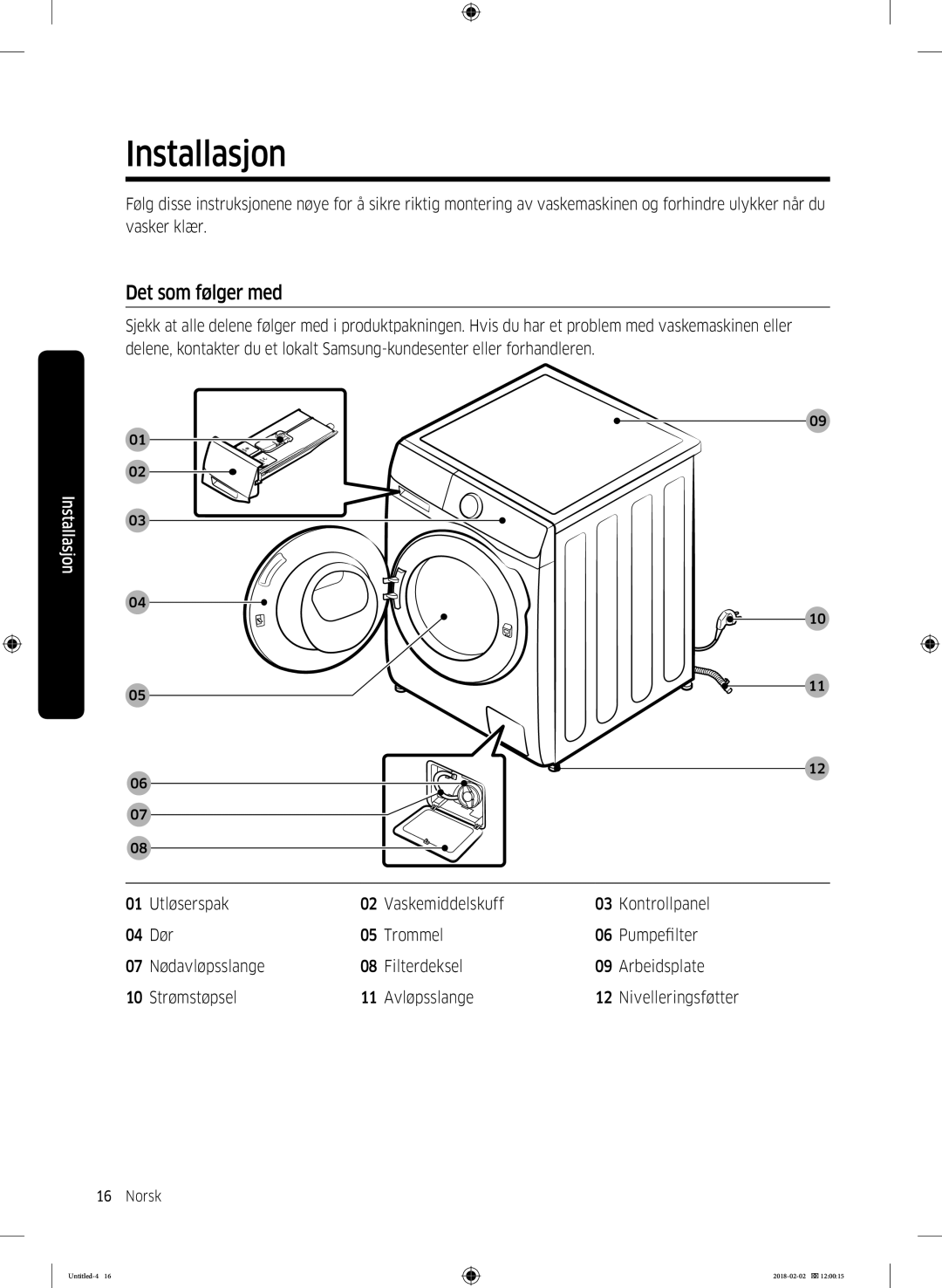 Samsung WD10N84INOA/EE manual Installasjon, Det som følger med 