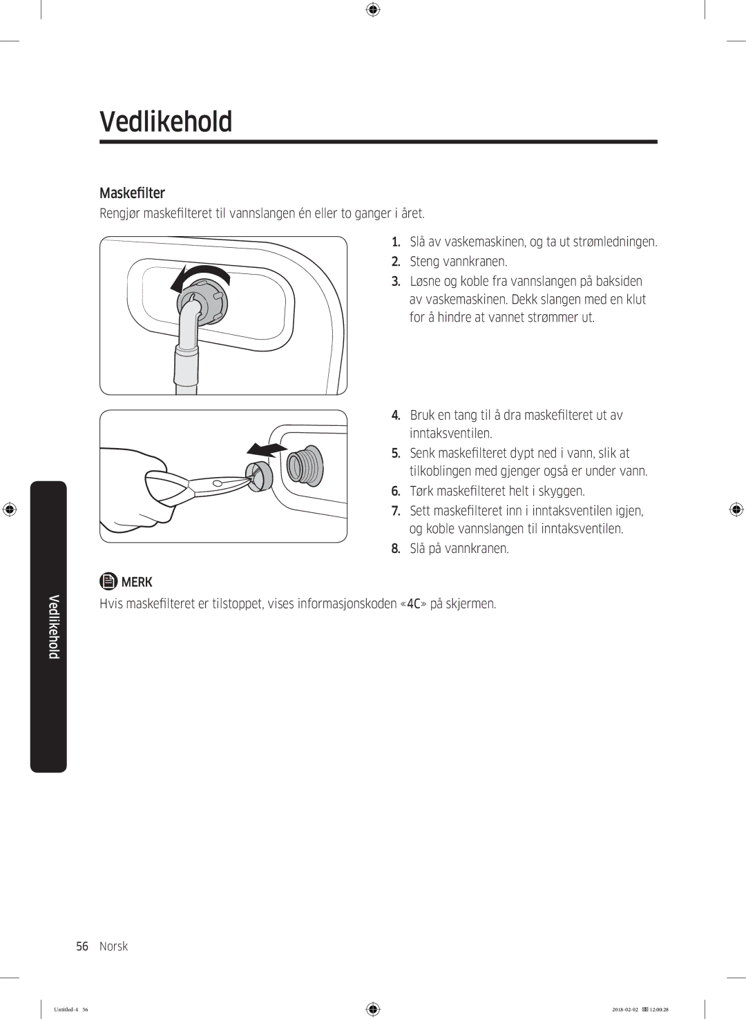 Samsung WD10N84INOA/EE manual Maskefilter 