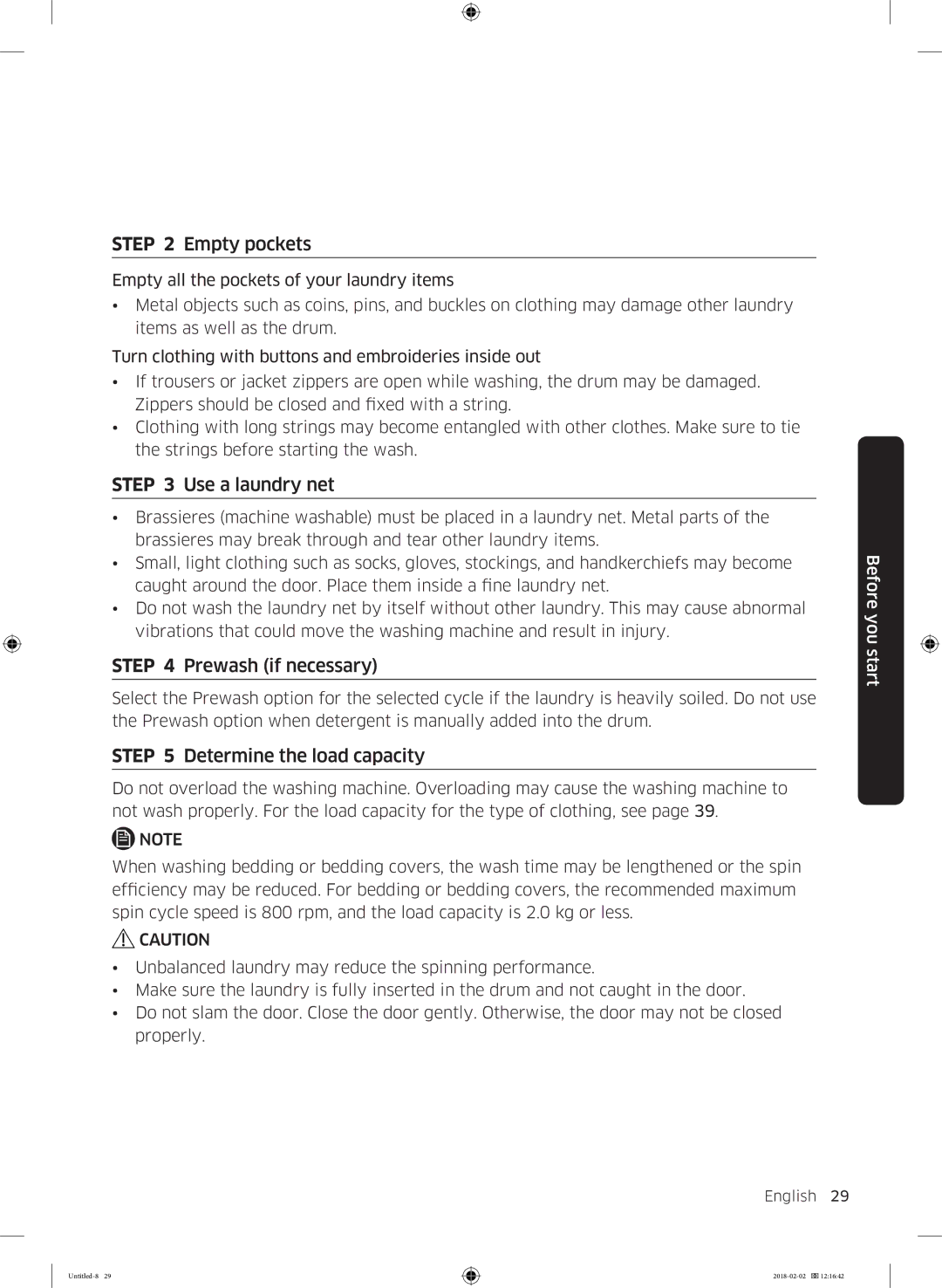 Samsung WD10N84INOA/EE manual Empty pockets, Use a laundry net, Prewash if necessary, Determine the load capacity 