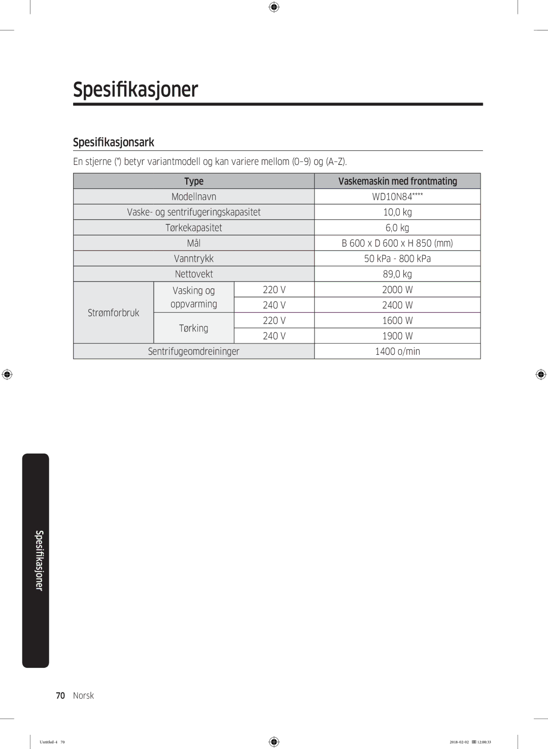 Samsung WD10N84INOA/EE manual Spesifikasjonsark 