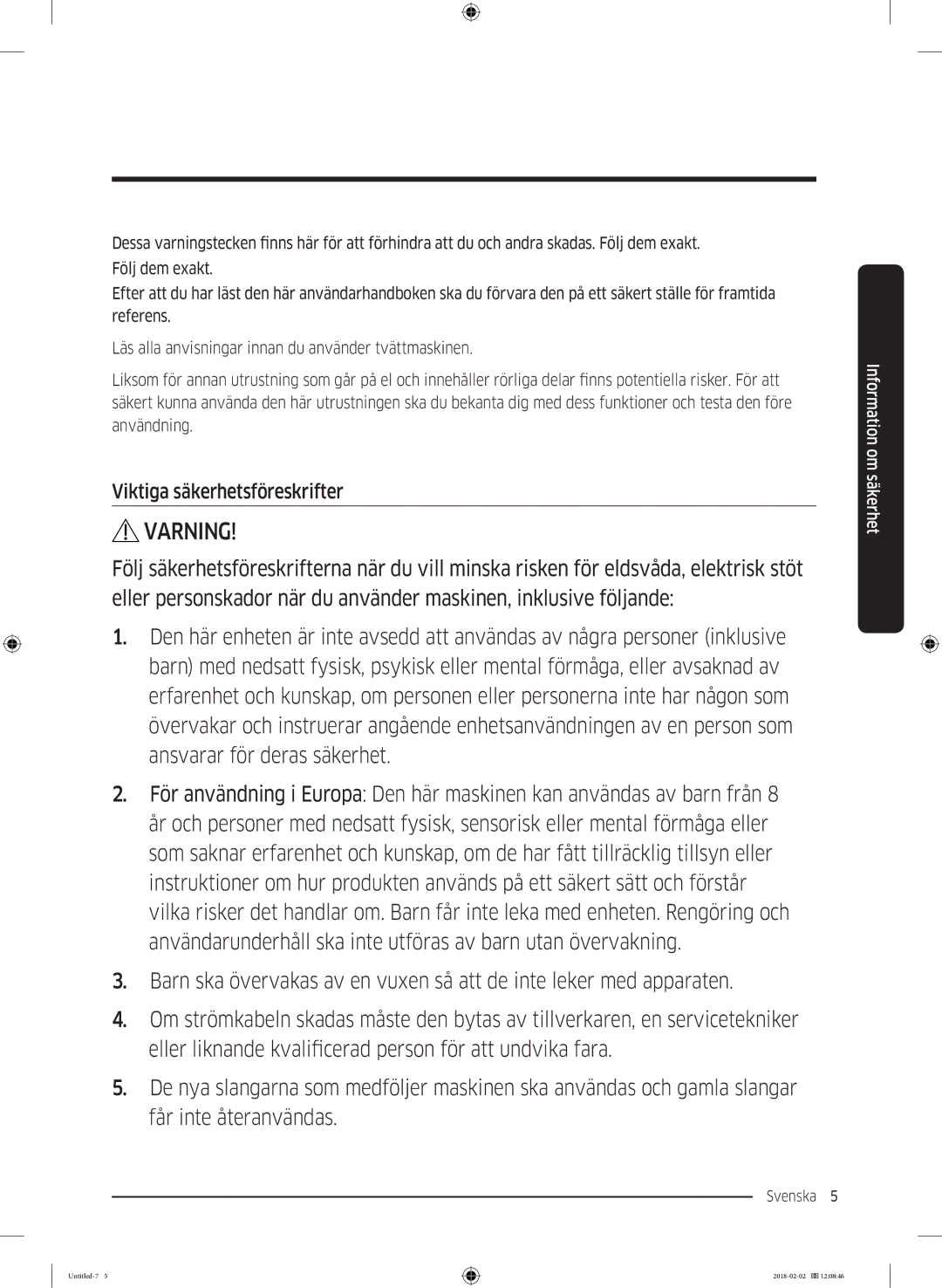 Samsung WD10N84INOA/EE manual Varning, Viktiga säkerhetsföreskrifter 