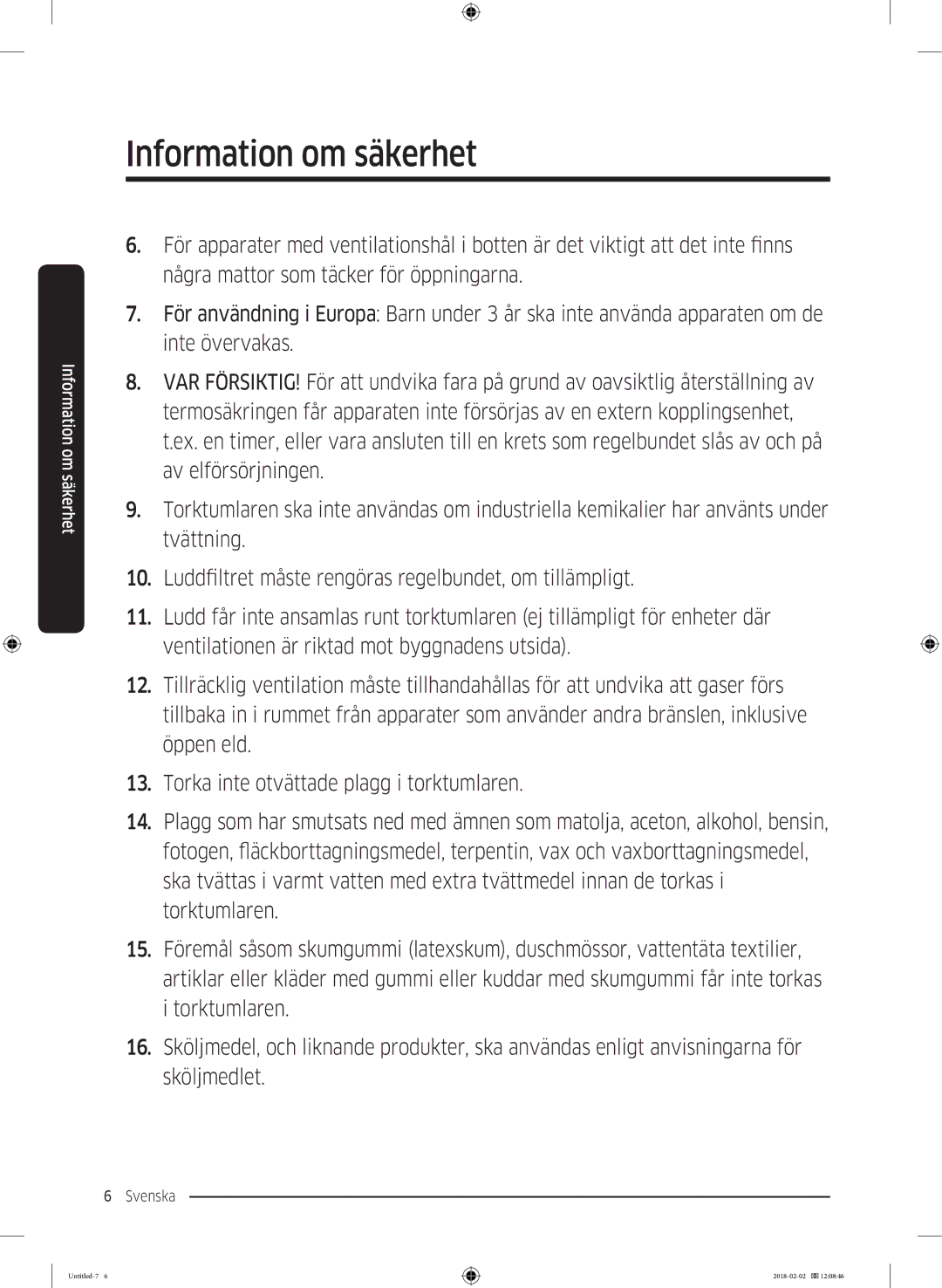 Samsung WD10N84INOA/EE manual Information om säkerhet 