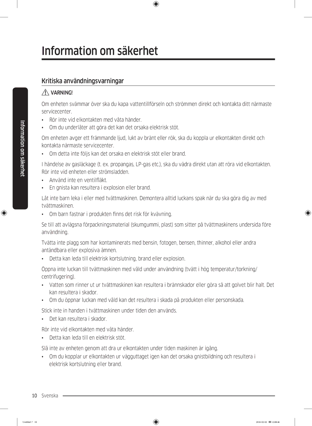 Samsung WD10N84INOA/EE manual Kritiska användningsvarningar 