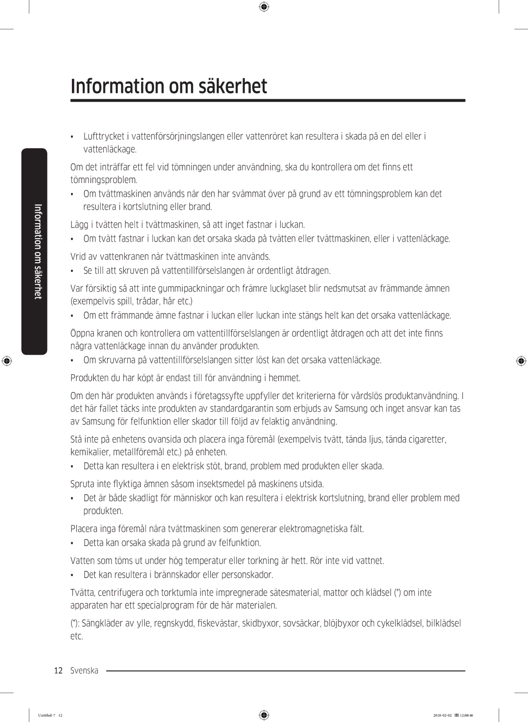 Samsung WD10N84INOA/EE manual Information om säkerhet 