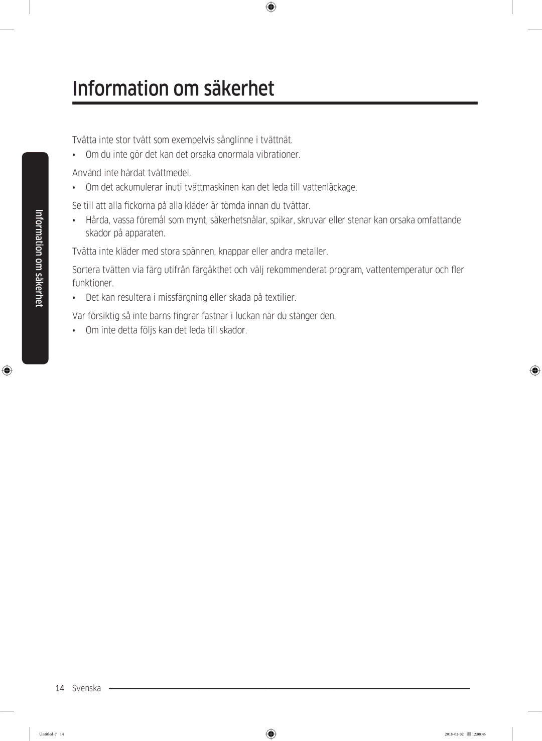 Samsung WD10N84INOA/EE manual Information om säkerhet 