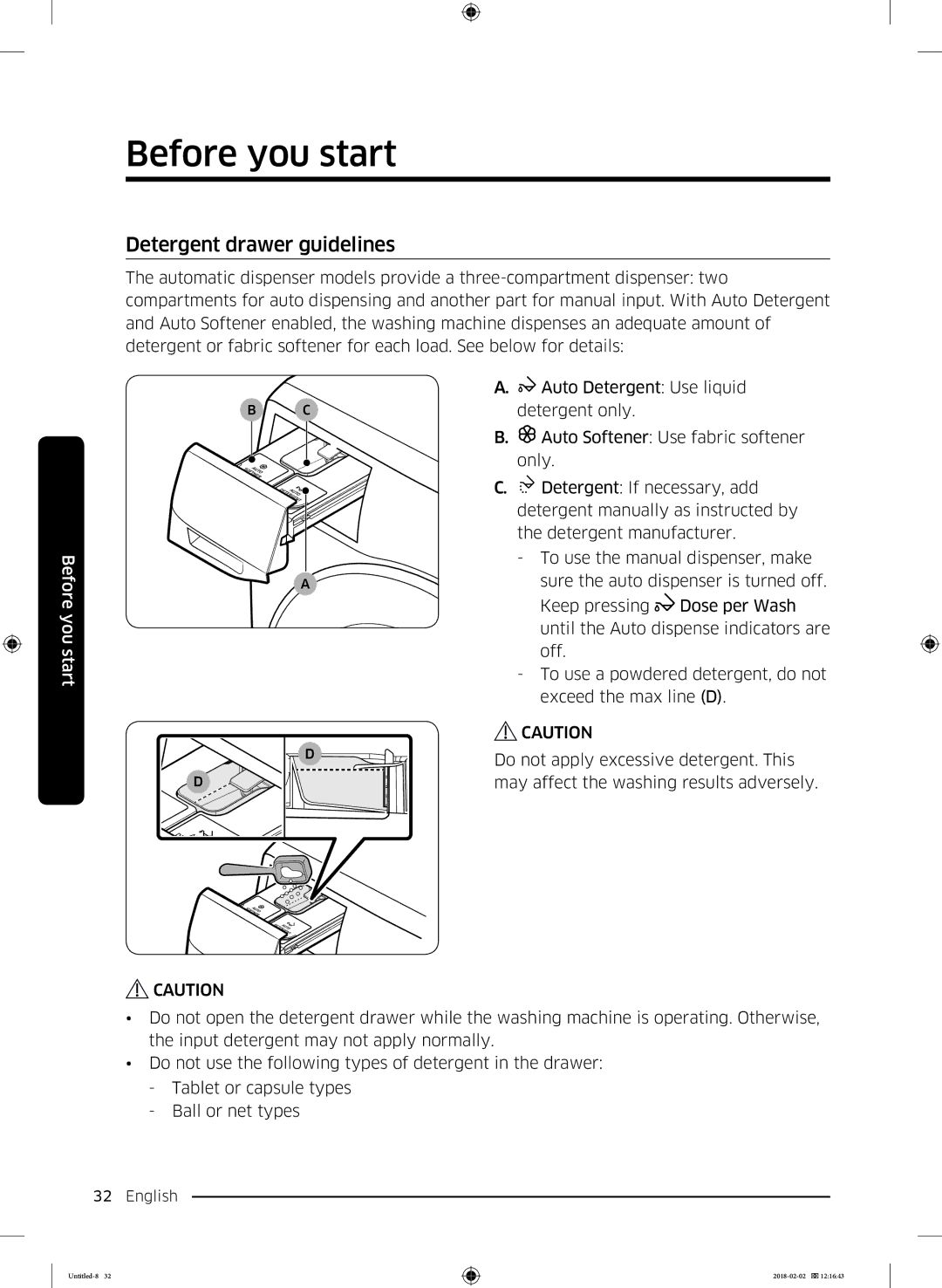 Samsung WD10N84INOA/EE manual Detergent drawer guidelines 