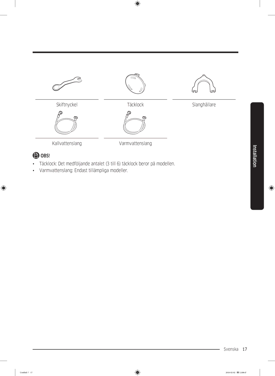 Samsung WD10N84INOA/EE manual Skiftnyckel Täcklock 