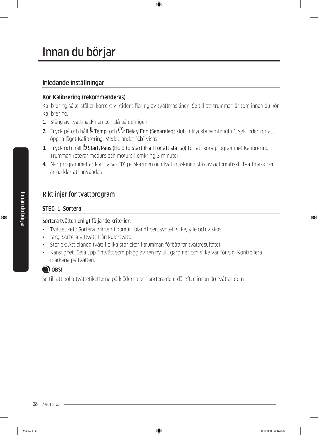 Samsung WD10N84INOA/EE manual Innan du börjar, Inledande inställningar, Riktlinjer för tvättprogram 