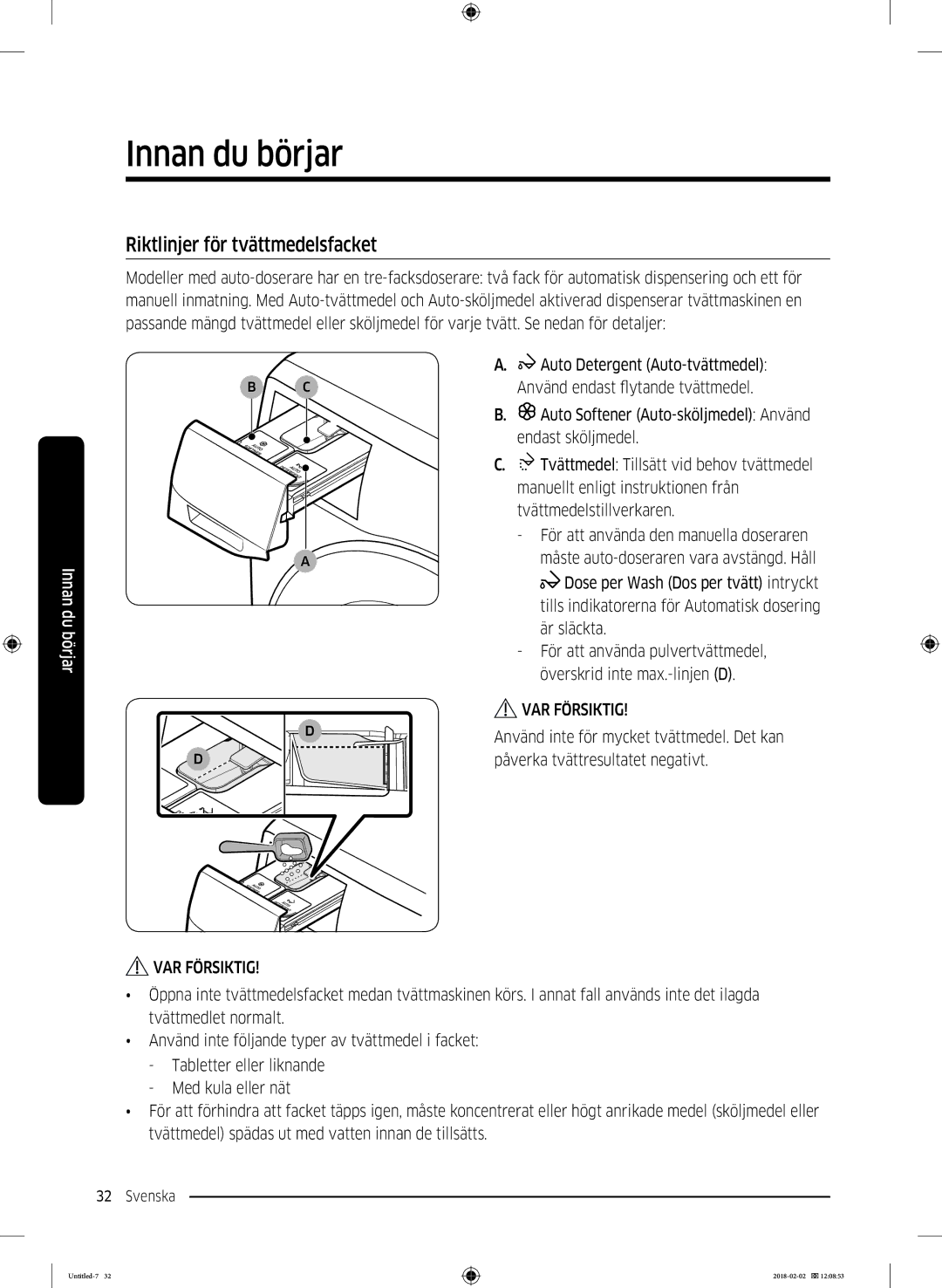 Samsung WD10N84INOA/EE manual Riktlinjer för tvättmedelsfacket 