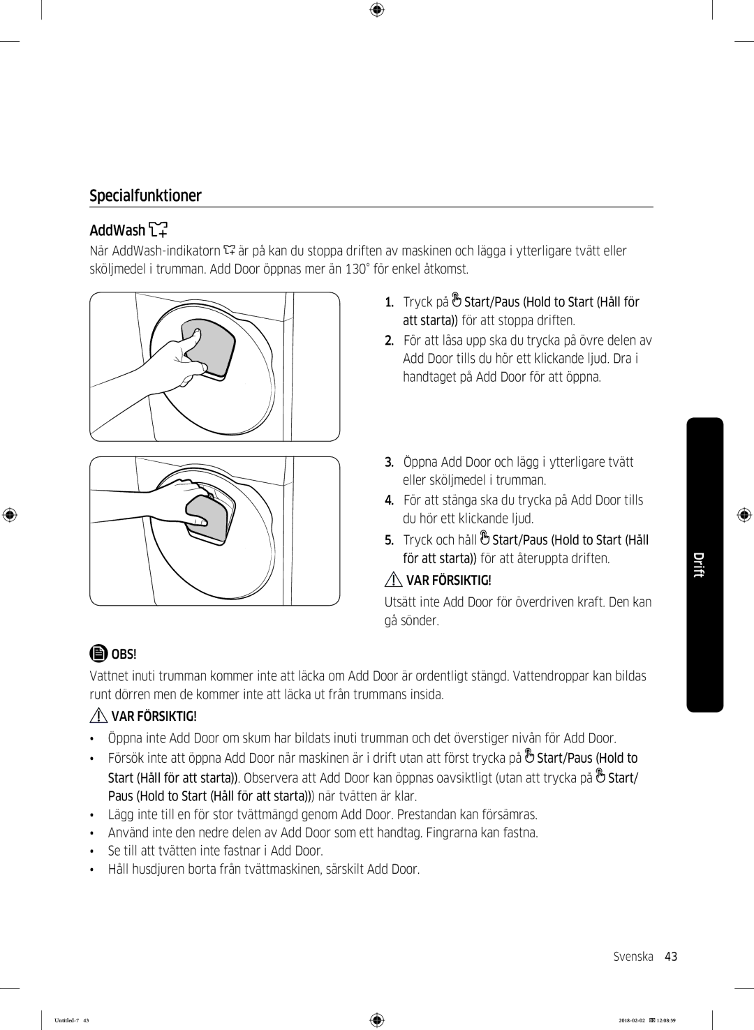 Samsung WD10N84INOA/EE manual Specialfunktioner, AddWash 