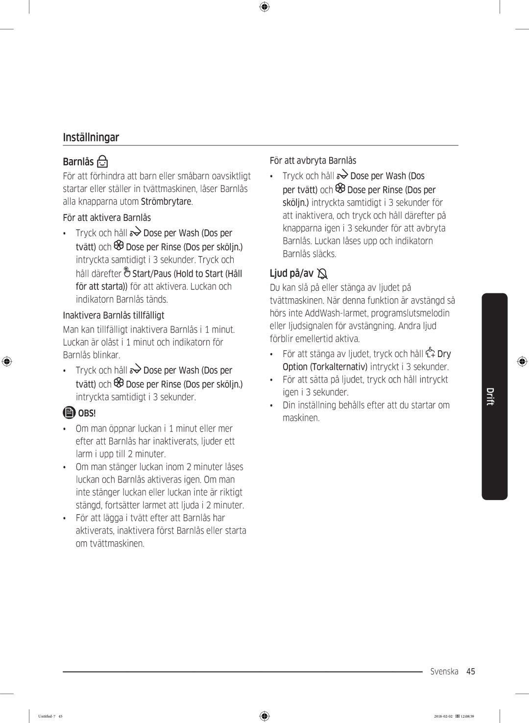 Samsung WD10N84INOA/EE manual Inställningar, Barnlås, Ljud på/av 