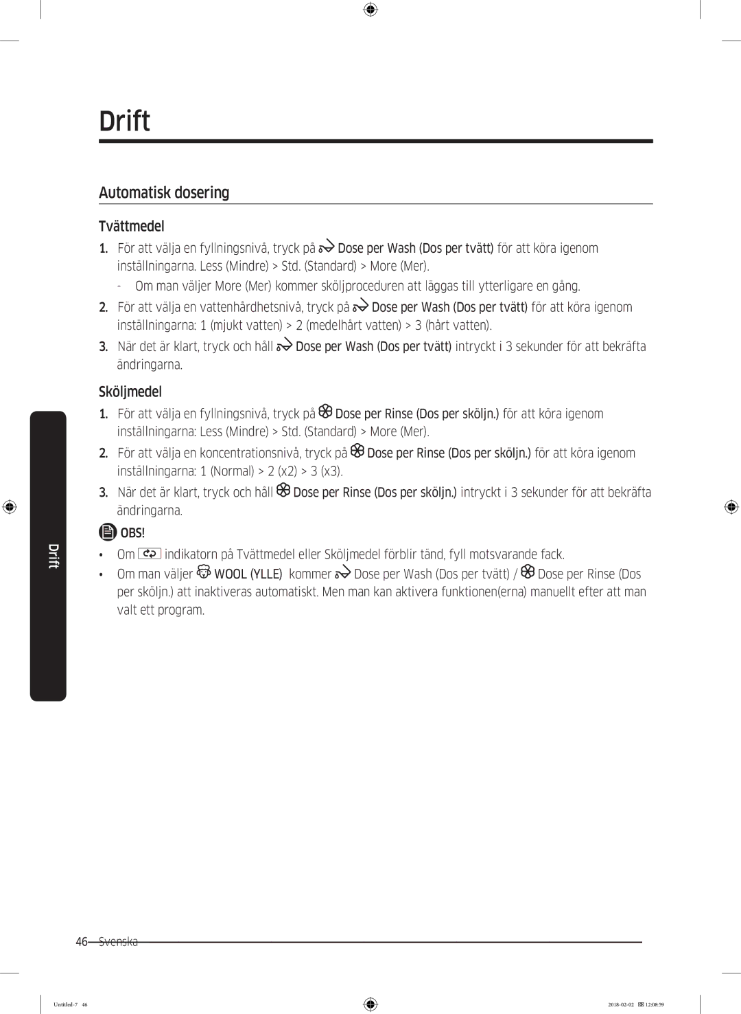 Samsung WD10N84INOA/EE manual Tvättmedel, Sköljmedel 