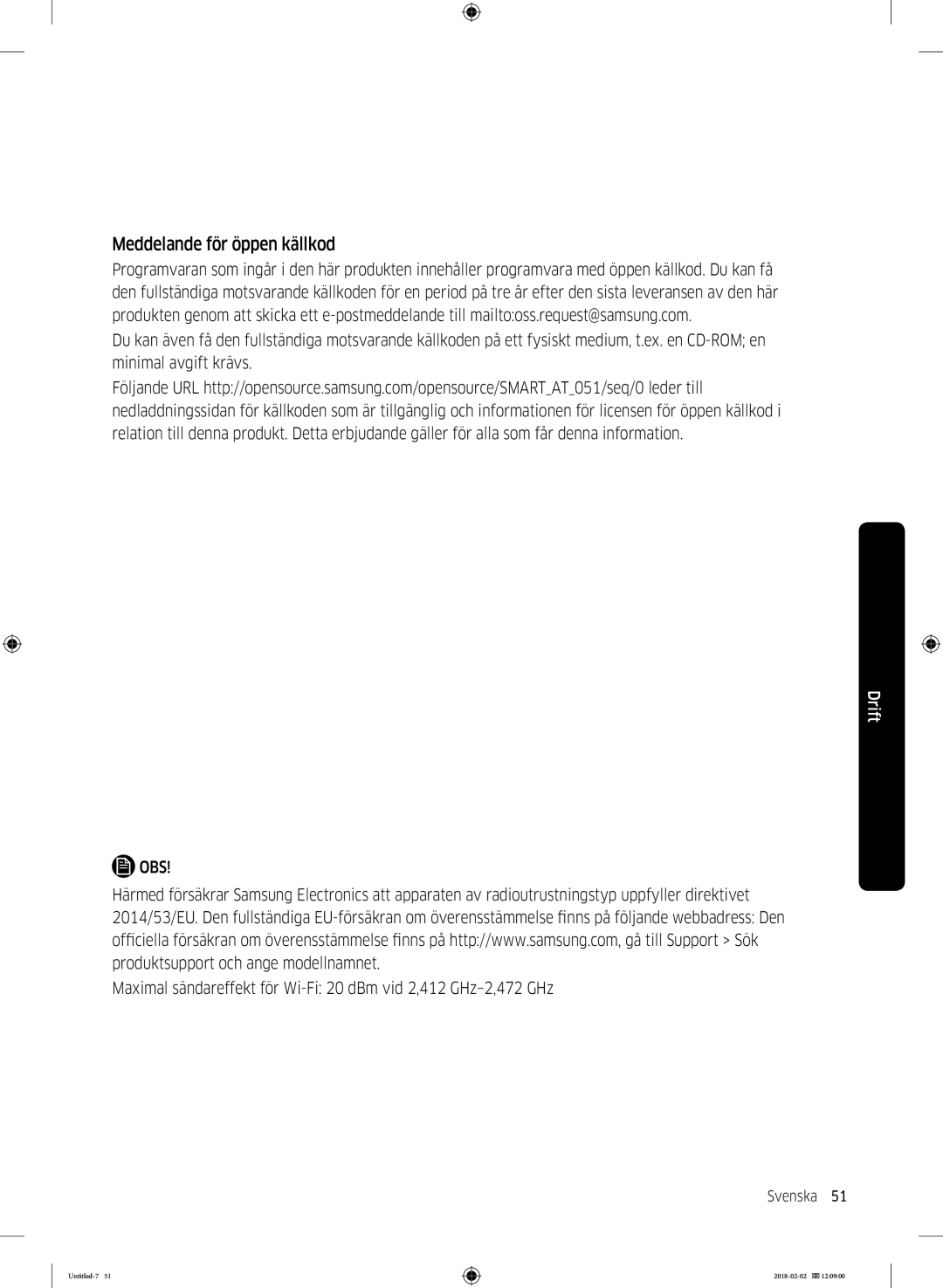 Samsung WD10N84INOA/EE manual Meddelande för öppen källkod, Obs 