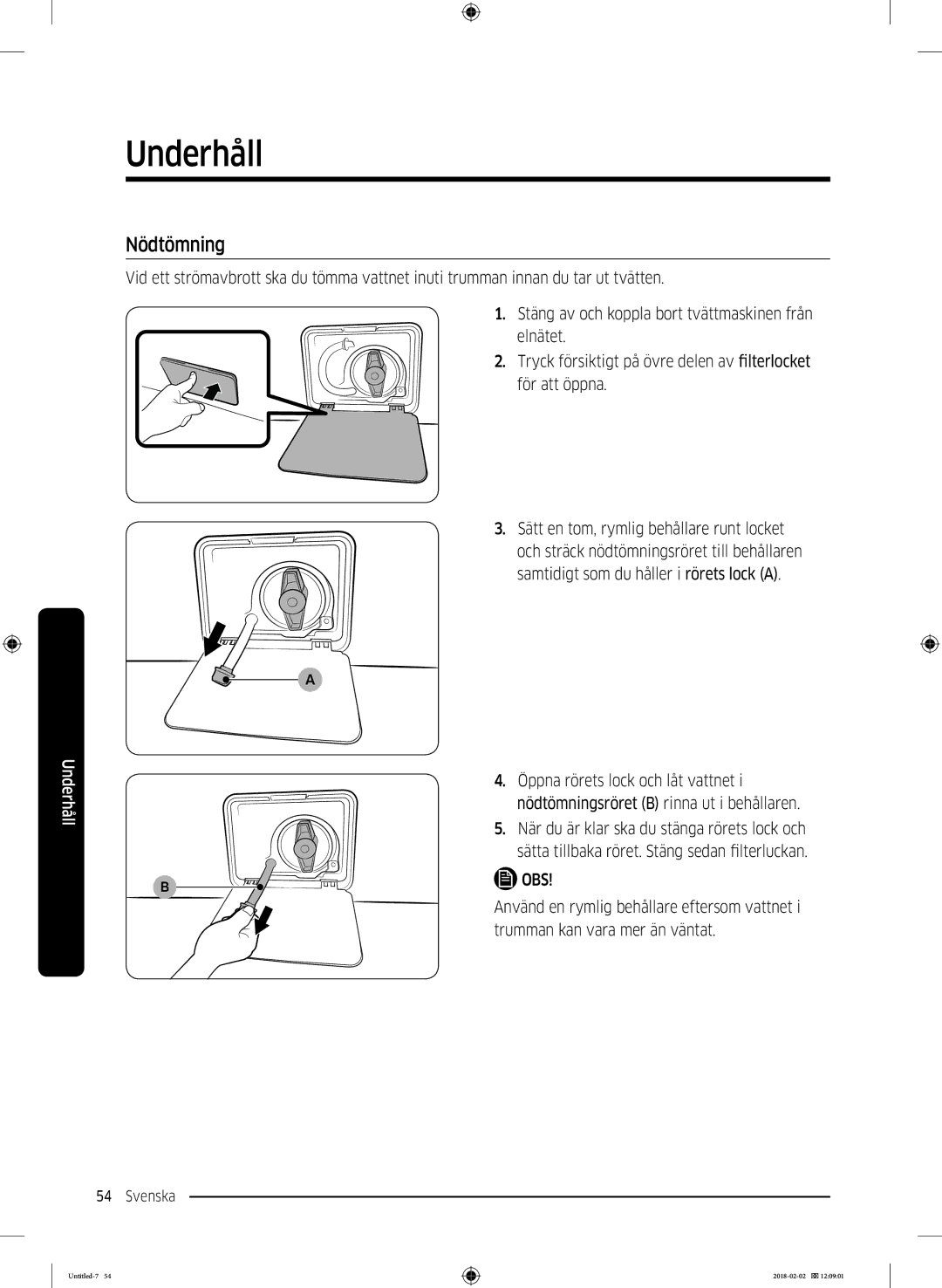 Samsung WD10N84INOA/EE manual Nödtömning 