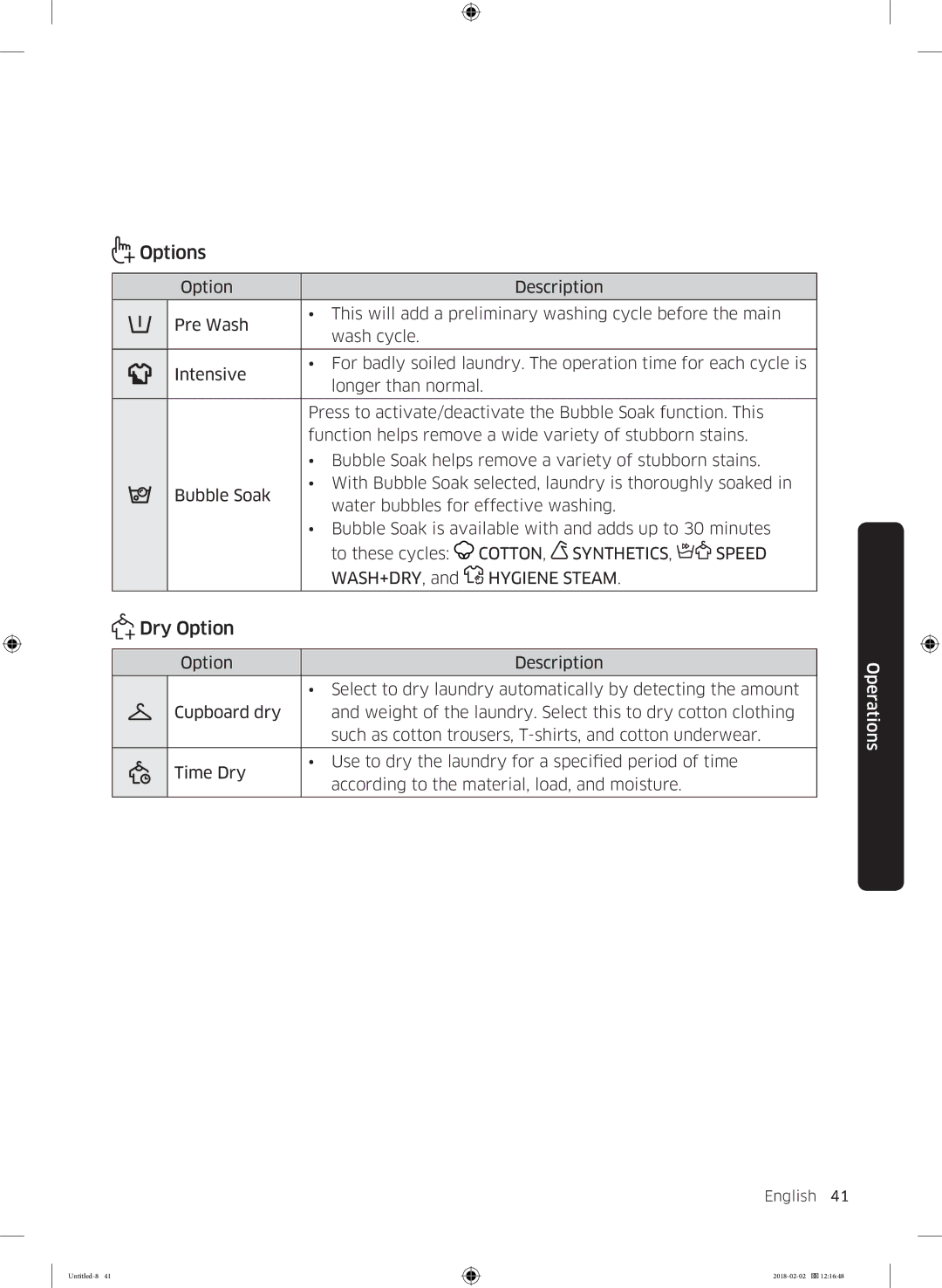 Samsung WD10N84INOA/EE manual Options, Dry Option, COTTON, Synthetics Speed 