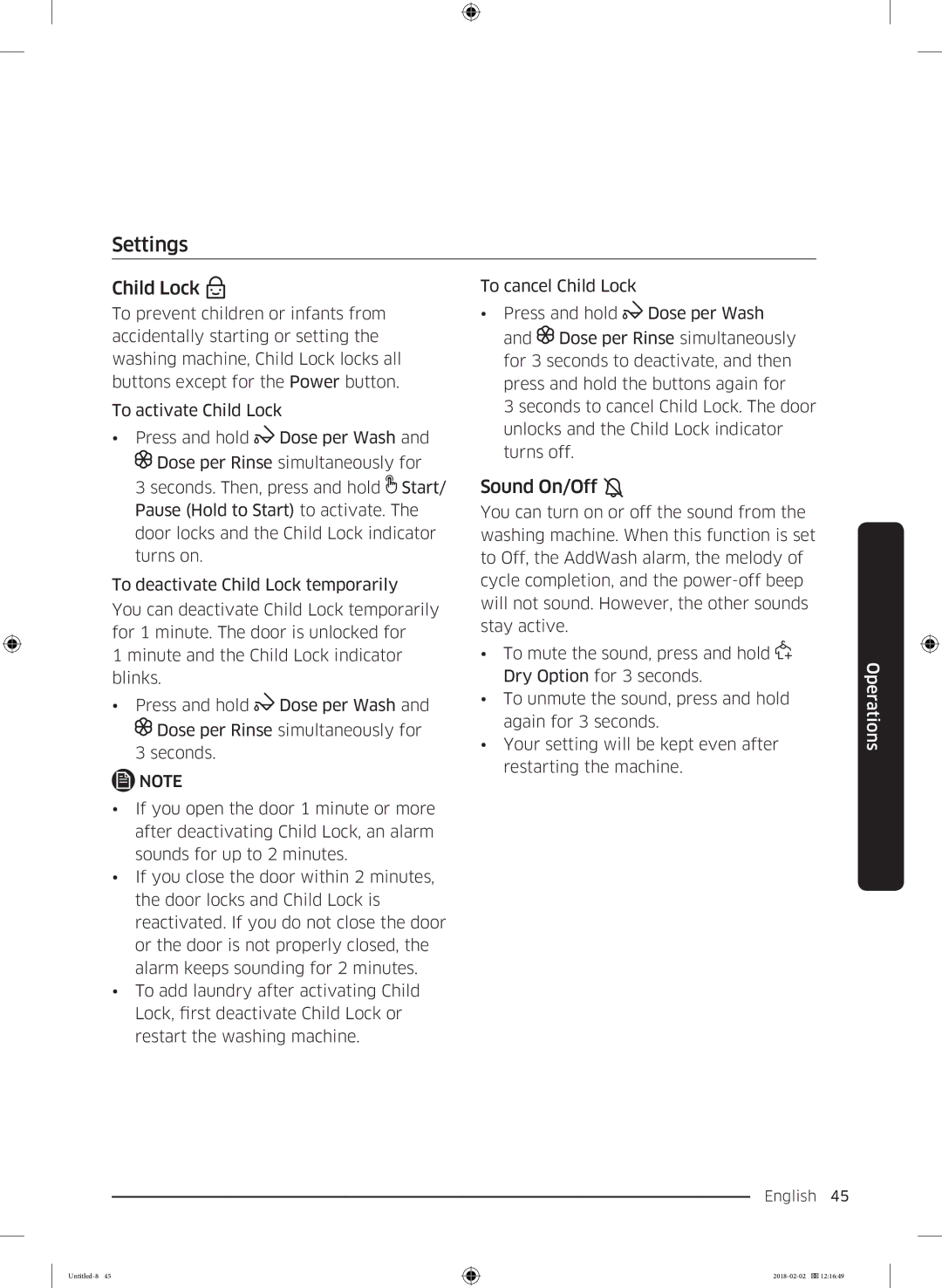 Samsung WD10N84INOA/EE manual Settings, Child Lock, Sound On/Off 