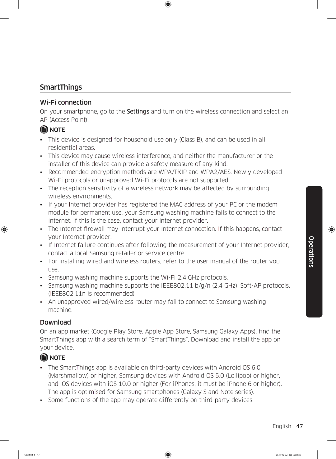 Samsung WD10N84INOA/EE manual SmartThings, Wi-Fi connection, Download 