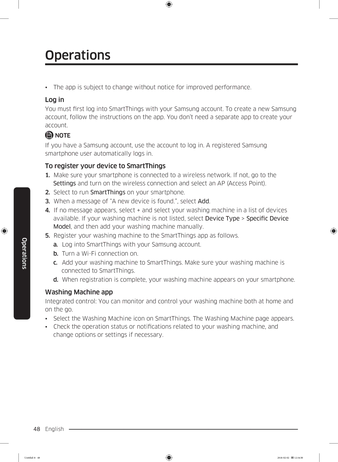 Samsung WD10N84INOA/EE manual Log, To register your device to SmartThings, Washing Machine app 