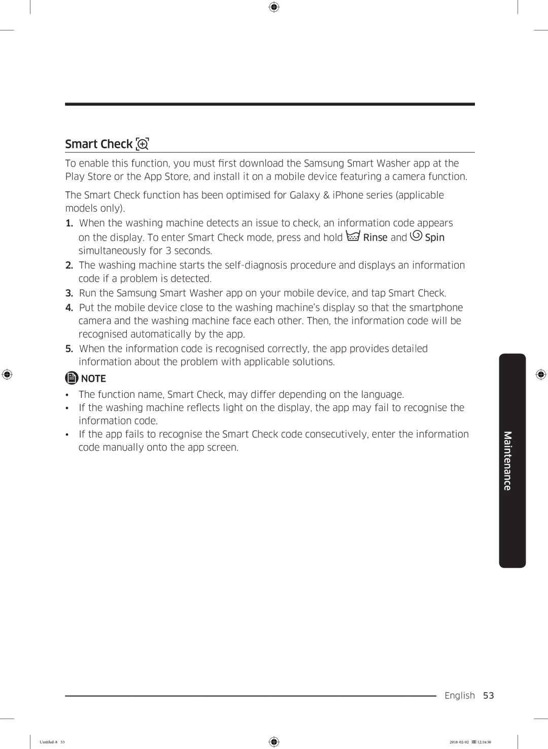 Samsung WD10N84INOA/EE manual Smart Check 