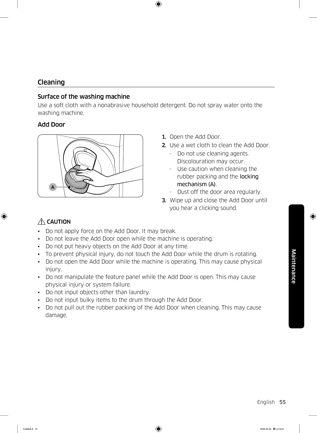 Samsung WD10N84INOA/EE manual Cleaning, Surface of the washing machine, Add Door 