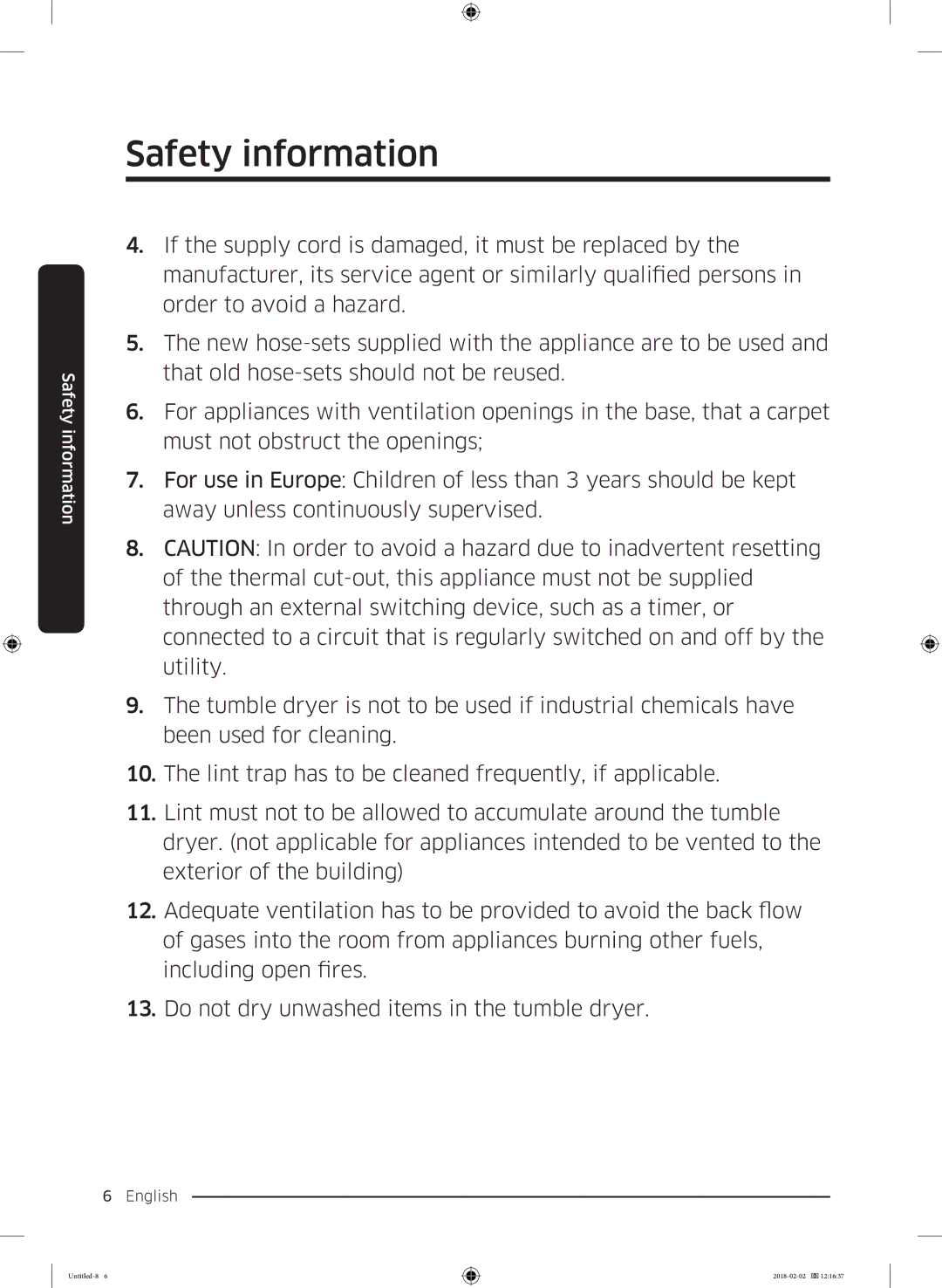 Samsung WD10N84INOA/EE manual Safety information 