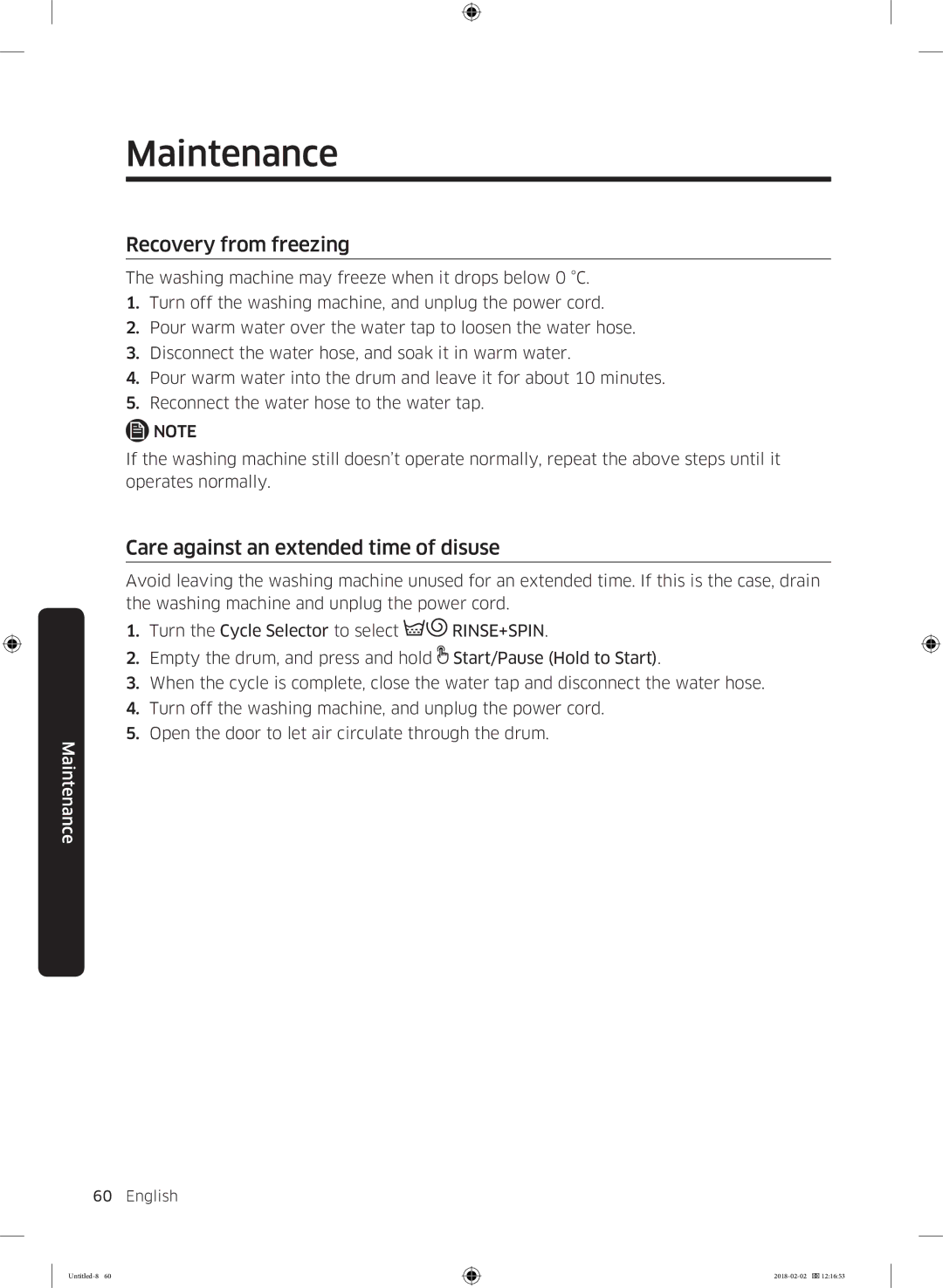 Samsung WD10N84INOA/EE manual Recovery from freezing, Care against an extended time of disuse 