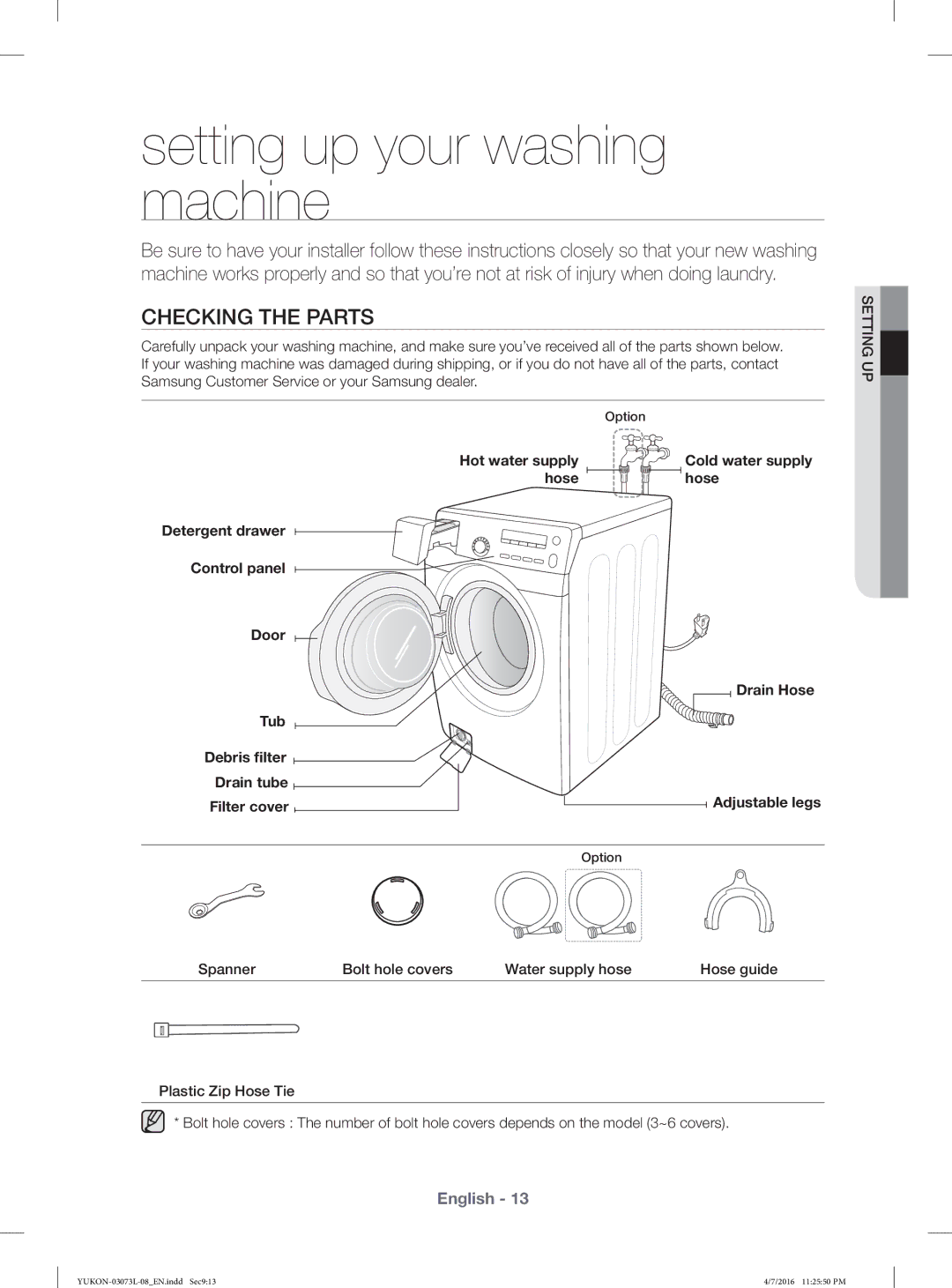 Samsung WD1142XVM/YAS Checking the Parts, Drain tube, Filter cover, Cold water supply hose Drain Hose Adjustable legs 