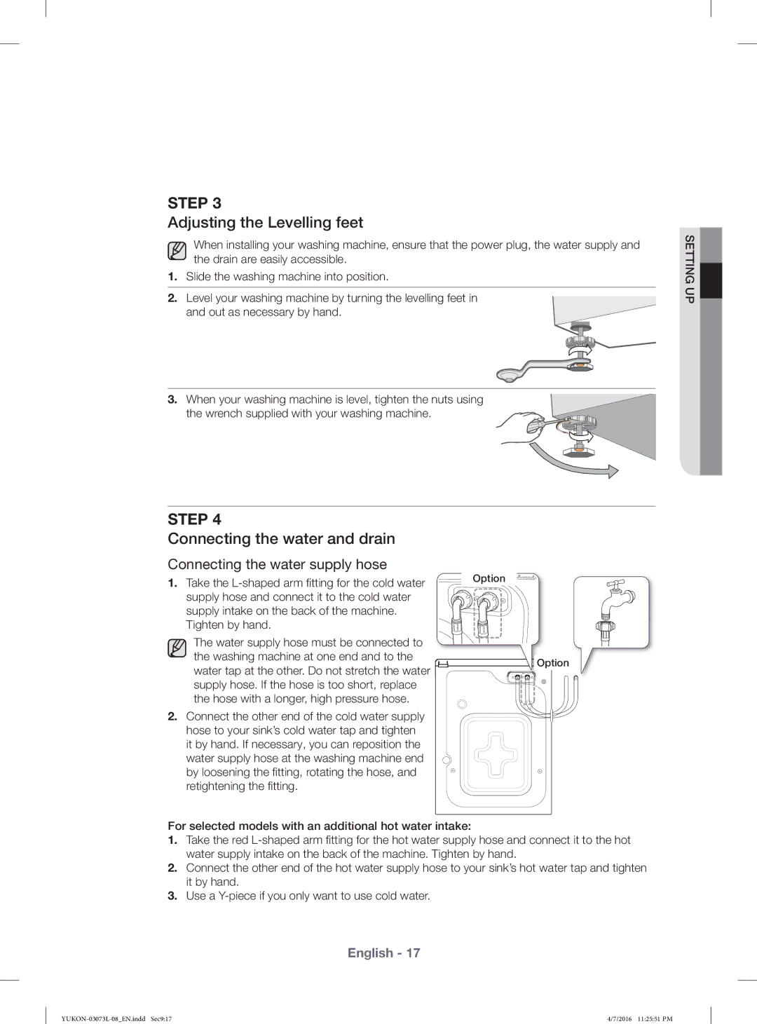 Samsung WD1142XVM/YAS manual Adjusting the Levelling feet, Connecting the water and drain 