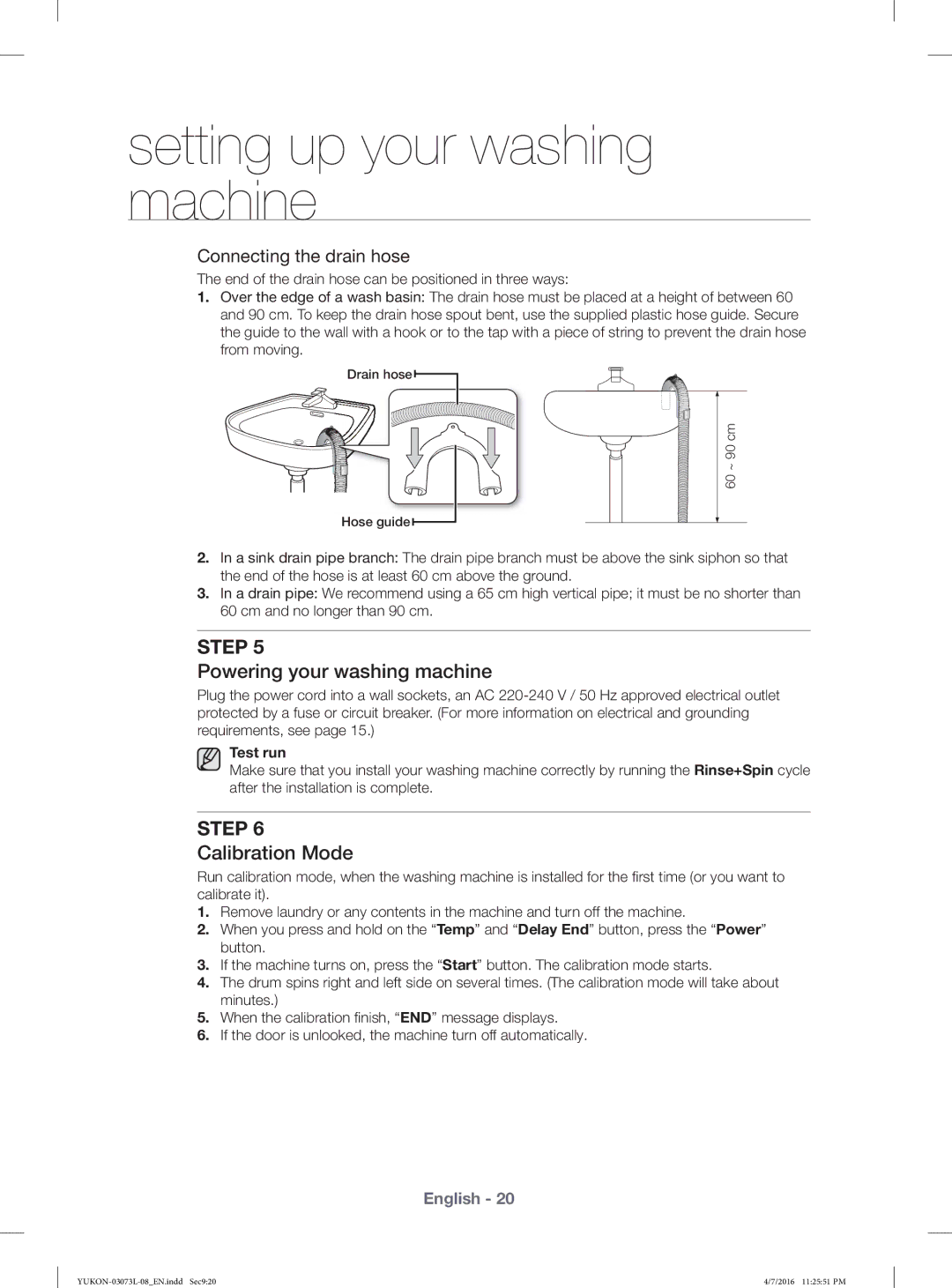 Samsung WD1142XVM/YAS manual Powering your washing machine, Calibration Mode, Test run 