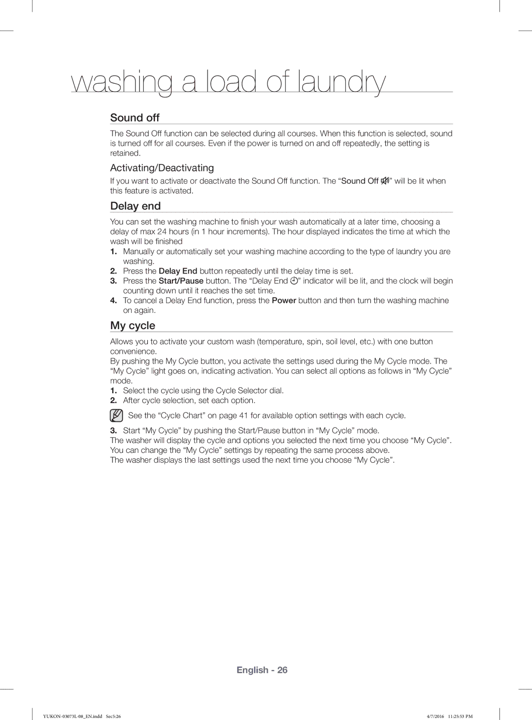 Samsung WD1142XVM/YAS manual Sound off, Delay end, My cycle 