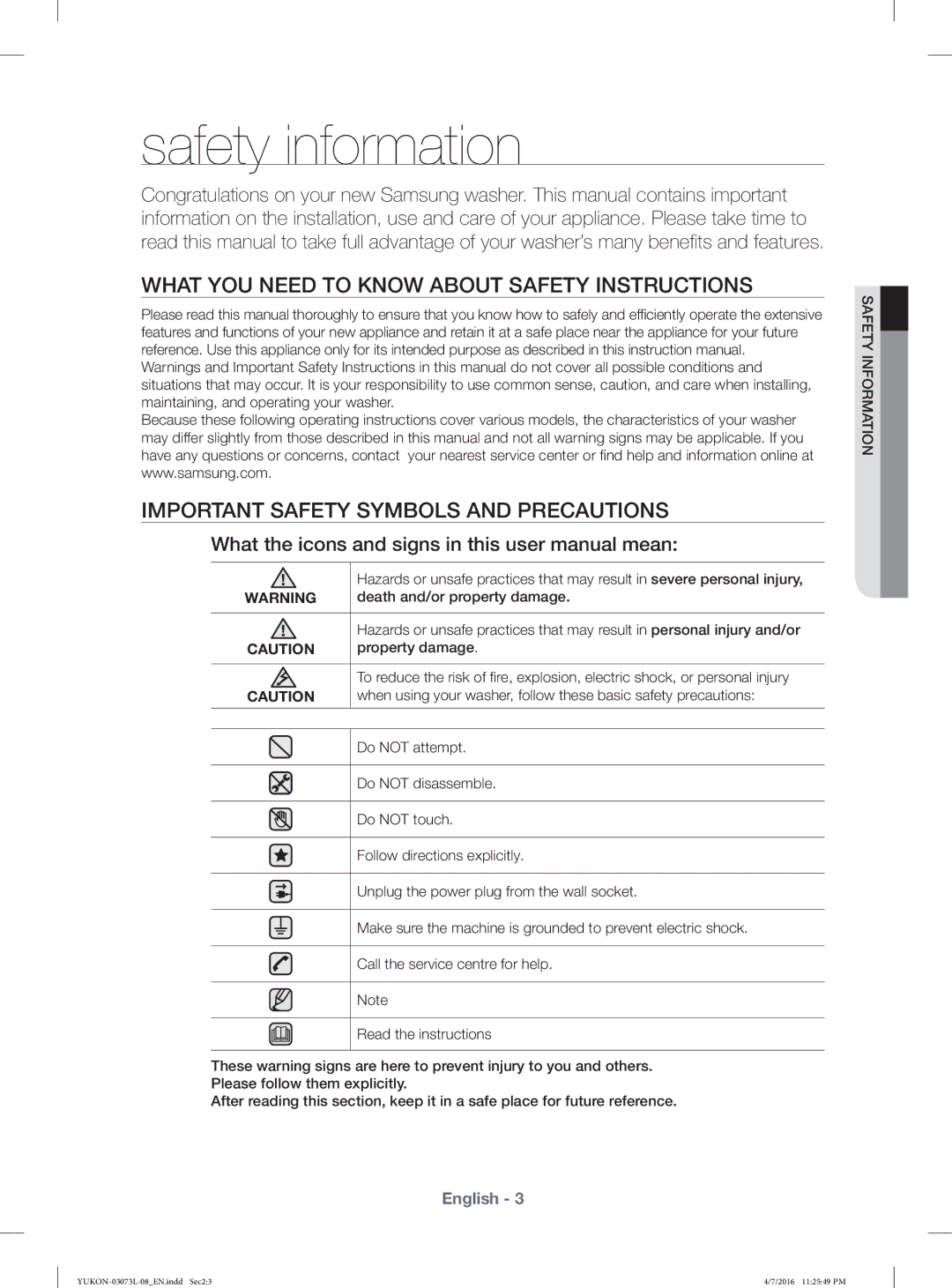 Samsung WD1142XVM/YAS Death and/or property damage, Property damage, Do not attempt, Do not disassemble, Do not touch 