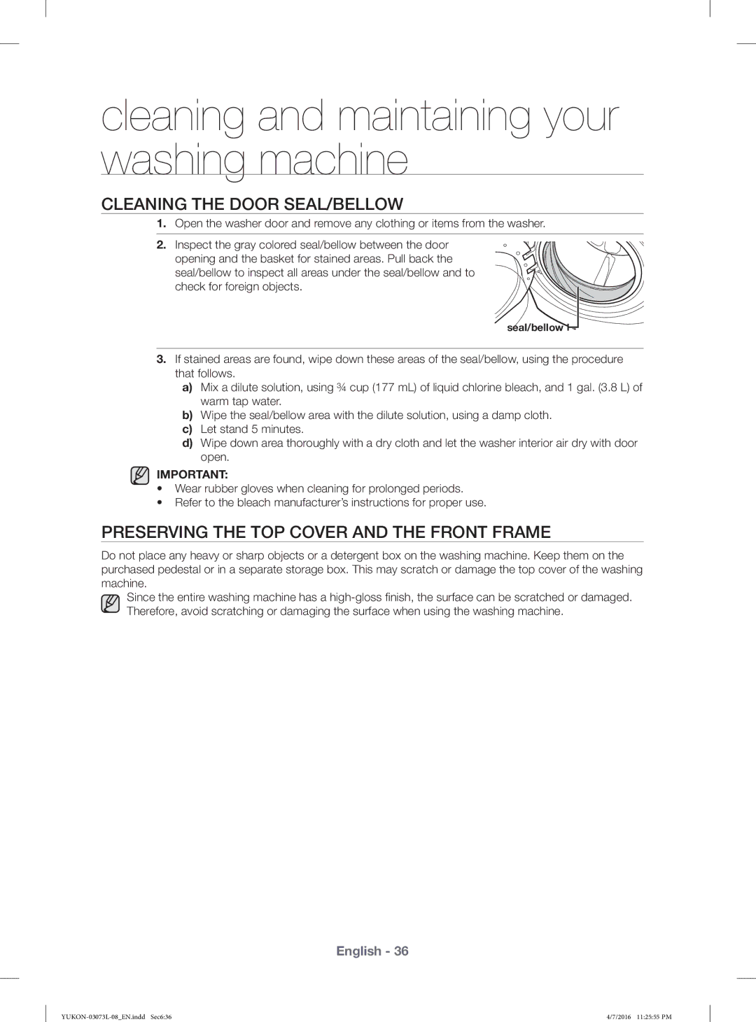 Samsung WD1142XVM/YAS manual Cleaning the Door SEAL/BELLOW, Preserving the TOP Cover and the Front Frame 