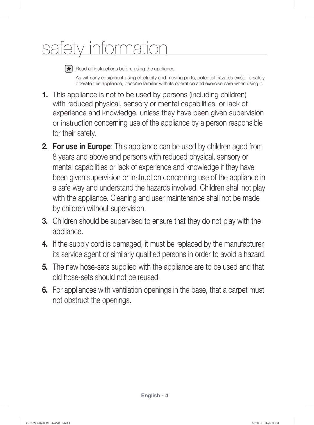 Samsung WD1142XVM/YAS manual For their safety, Read all instructions before using the appliance 