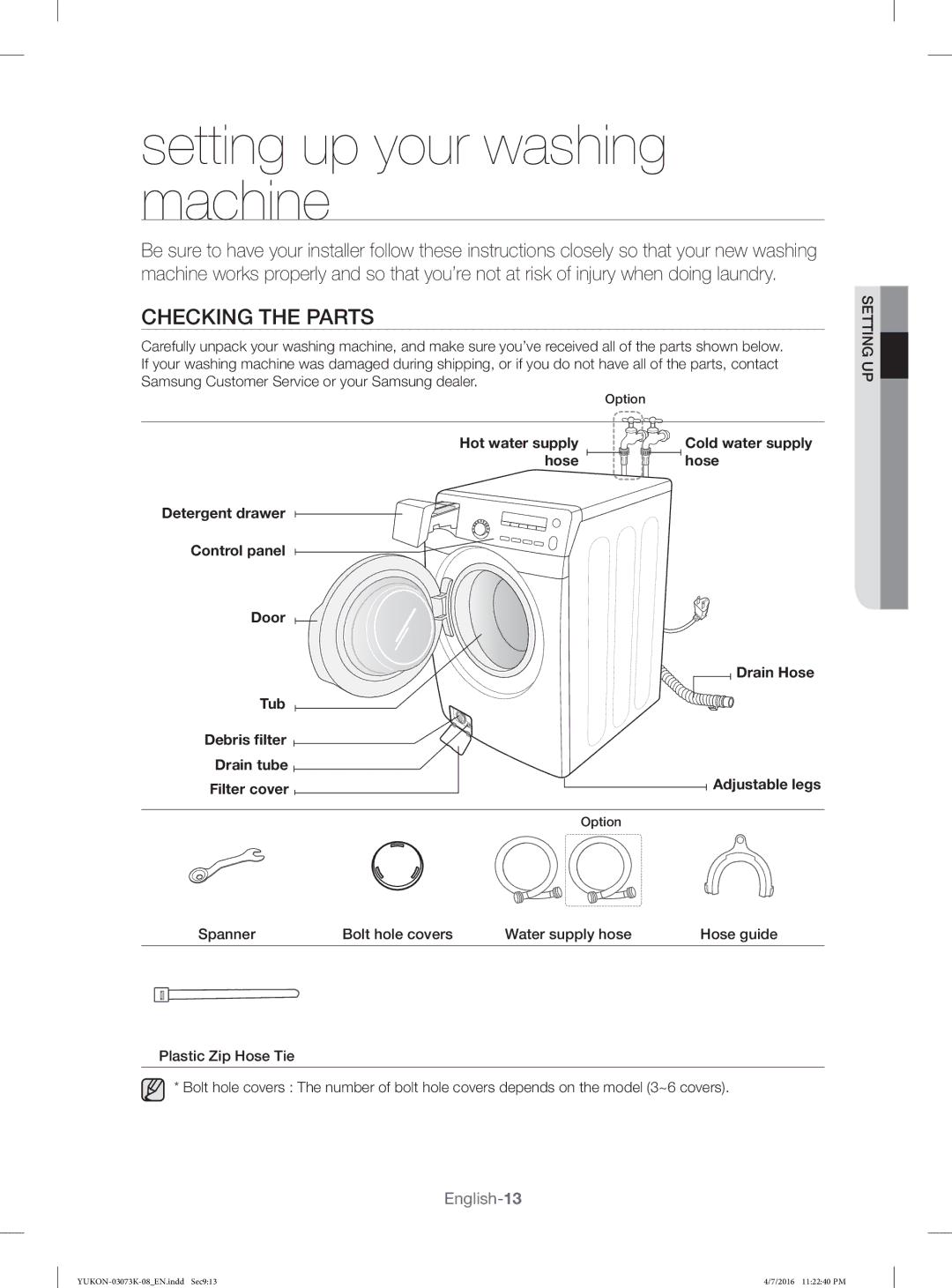 Samsung WD1142XVM/YL manual Checking the Parts, Drain tube, Filter cover, Cold water supply hose Drain Hose Adjustable legs 