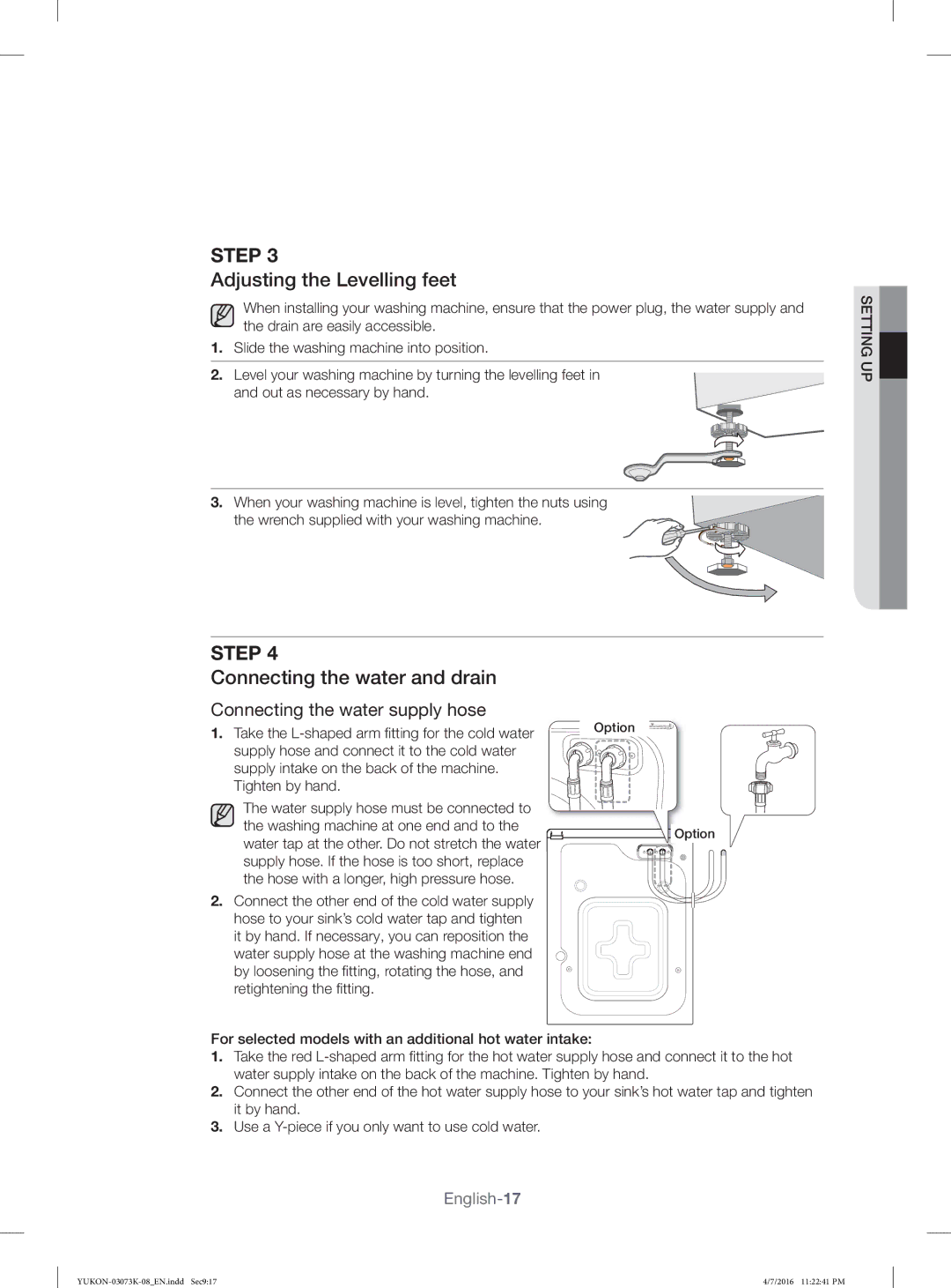 Samsung WD1142XVM/YL manual Adjusting the Levelling feet, Connecting the water and drain 